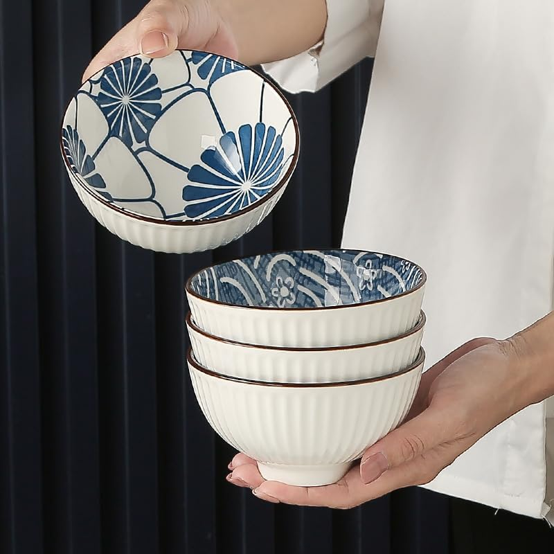 6Pcs Japanese Ceramic Rice Bowls,Blue and White Dipping Bowls Soy Sauce Dish Small Ceramic Bowls Ideal for Sauces Snacks and Party Food Unique Floral Design Kitchen Tableware,300Ml/10 Oz