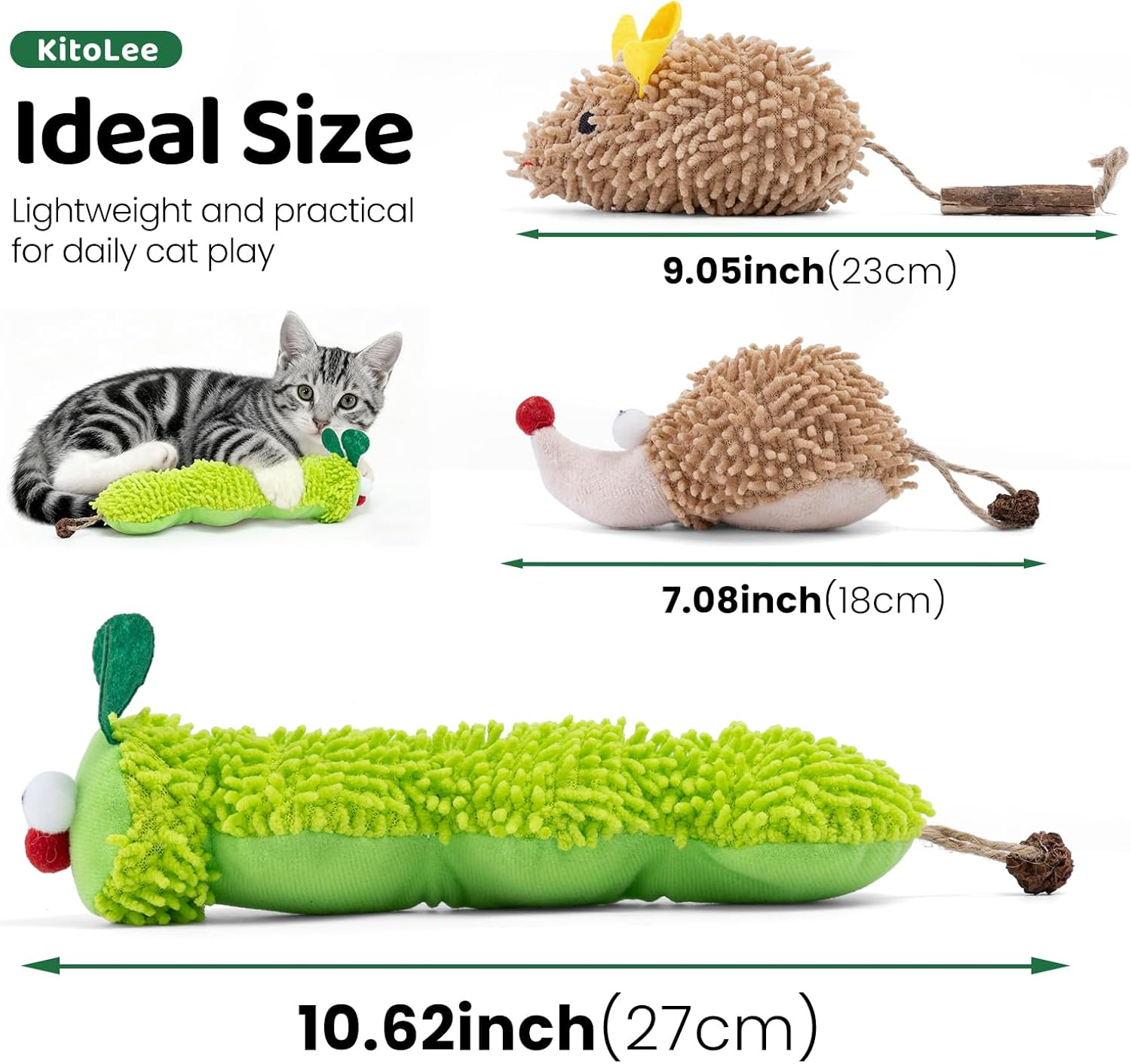 Interactive Plush Cat Toys Catnip Toys for Indoor Adult Kittens Cat Chew Toy for Teeth Cleaning Bite-Resistant Plush Caterpillar,Mouse,Hedgehog Design, Dental Health Benefits (3 PCS) image number 3