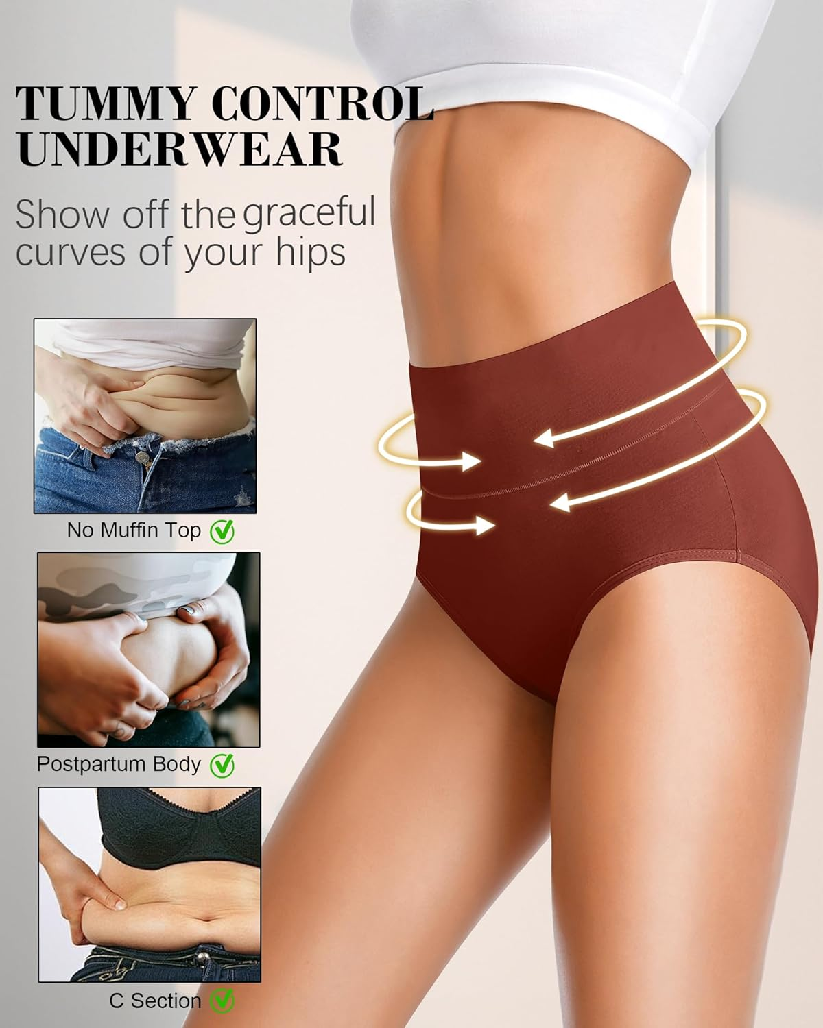 High Waisted Underwear for Women Cotton No Muffin Top Full Coverage Briefs Soft Stretch Ladies Panties 5 Pack image number 2