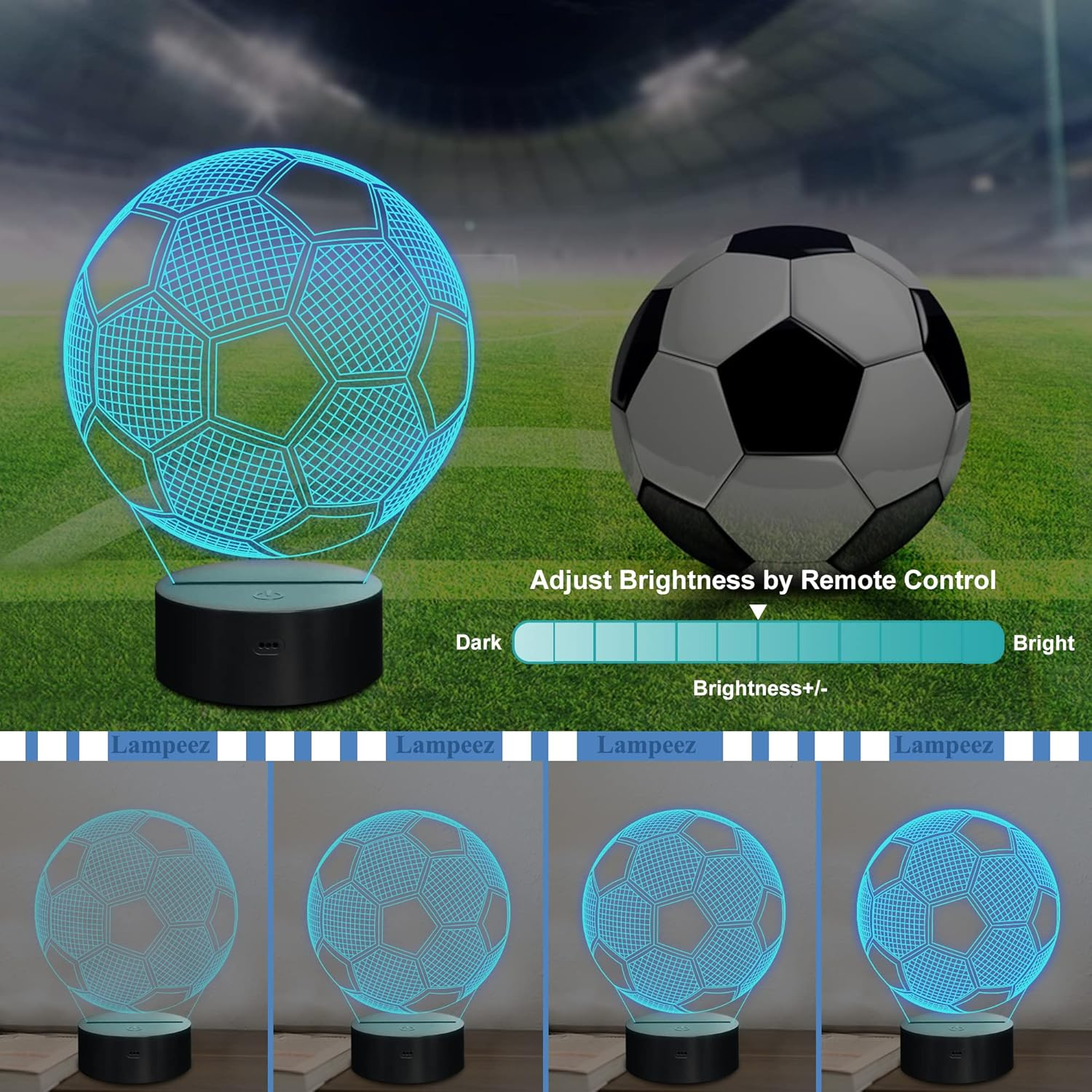 Lampeez Soccer Night Lights for Kids, 3D Illusion Football Lights 16 LED Remote Color Changing Touch Table Desk Lamps Decor, Birthday Xmas Gifts Sports Theme Fans image number 1
