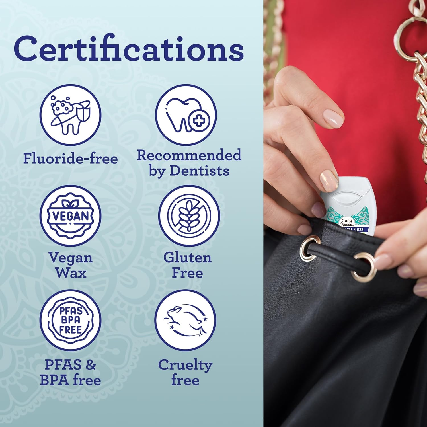 Gurunanda Expandable Waxed Dental Floss for Gentle, Deep Cleaning Wide Teeth Flossing - Peppermint Flavor - 55 Yards image number 5