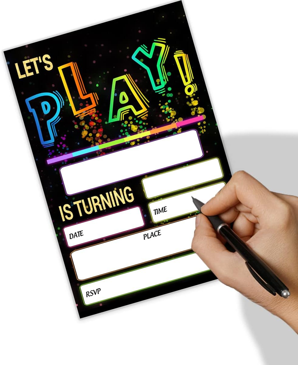 SHLINCO Glow Let'S Play Birthday Party Invitations for Boys Girls, Neon Party Invites for Kids, Double Sided Design(20 Cards + Envelopes) image number 6