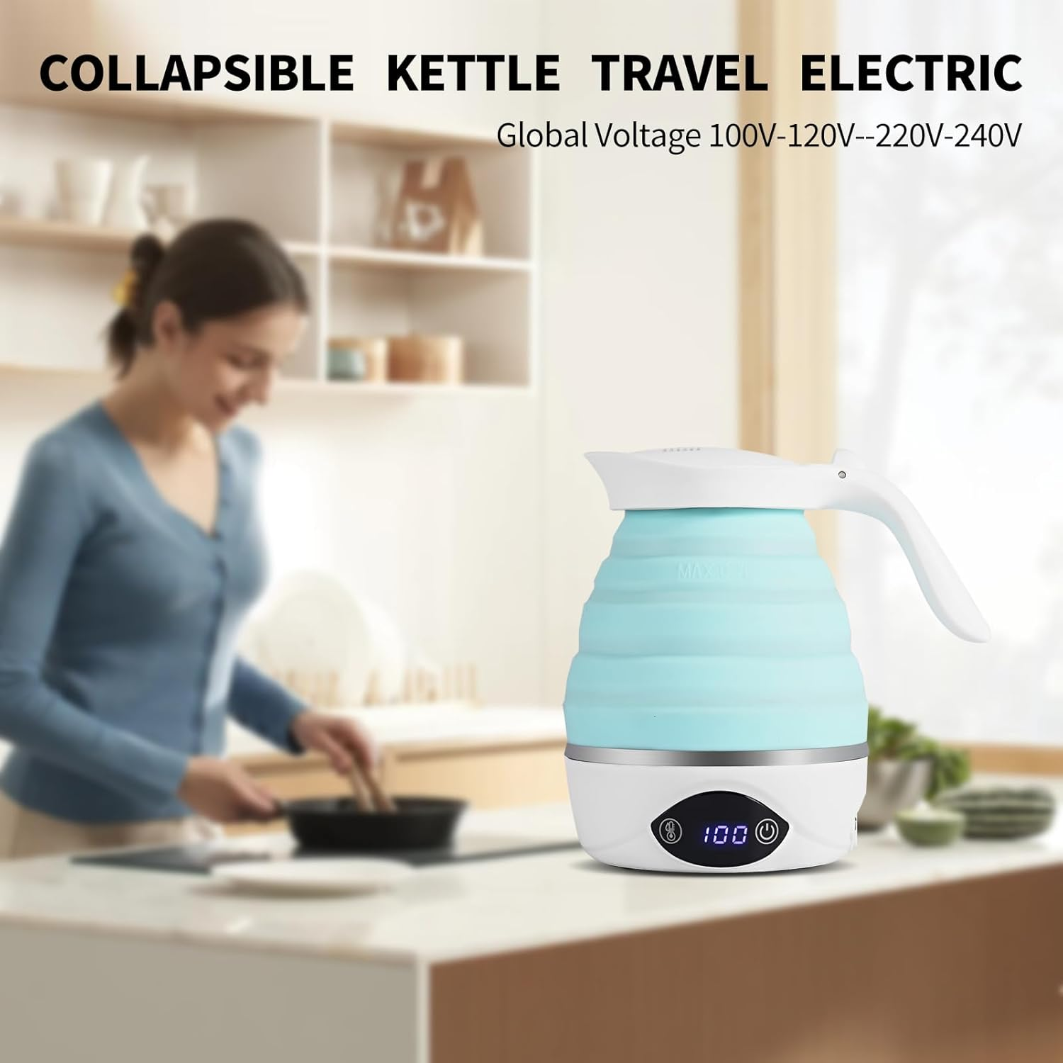 AUCOO - Portable Folding Electric Travel Kettle Foldable Boiling Water Suitable for 110V and 220V Dual Voltage, for Tea and Coffee, 850W Small Mini Silicone Electric Teapot Without image number 4