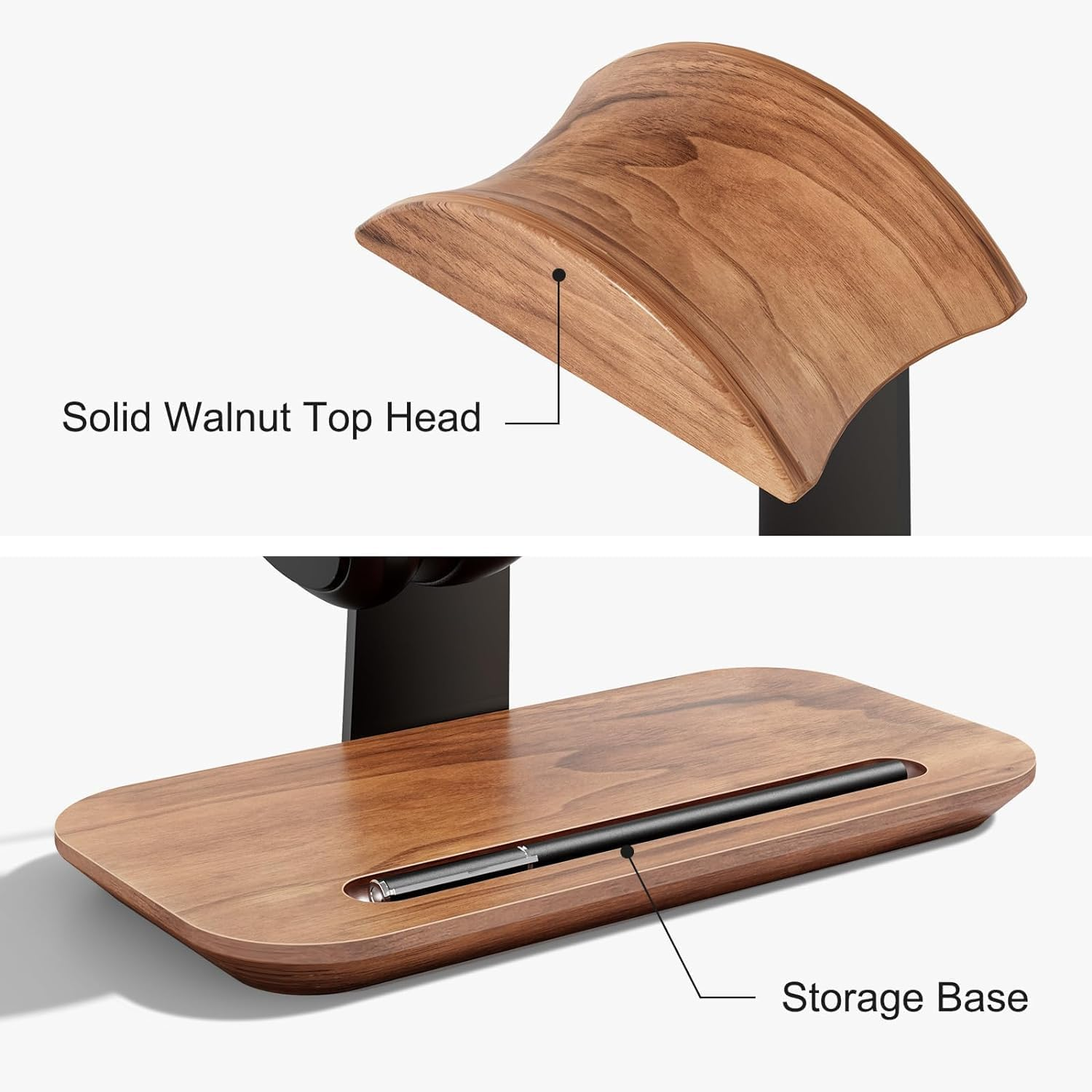 Walnut Wood Headphone Stand, Natural Wooden Desktop Headset Holder with Storage Base, Compatible with Airpods Max, Beats, Bose, Sony, Sennheiser, Gaming, Etc image number 2