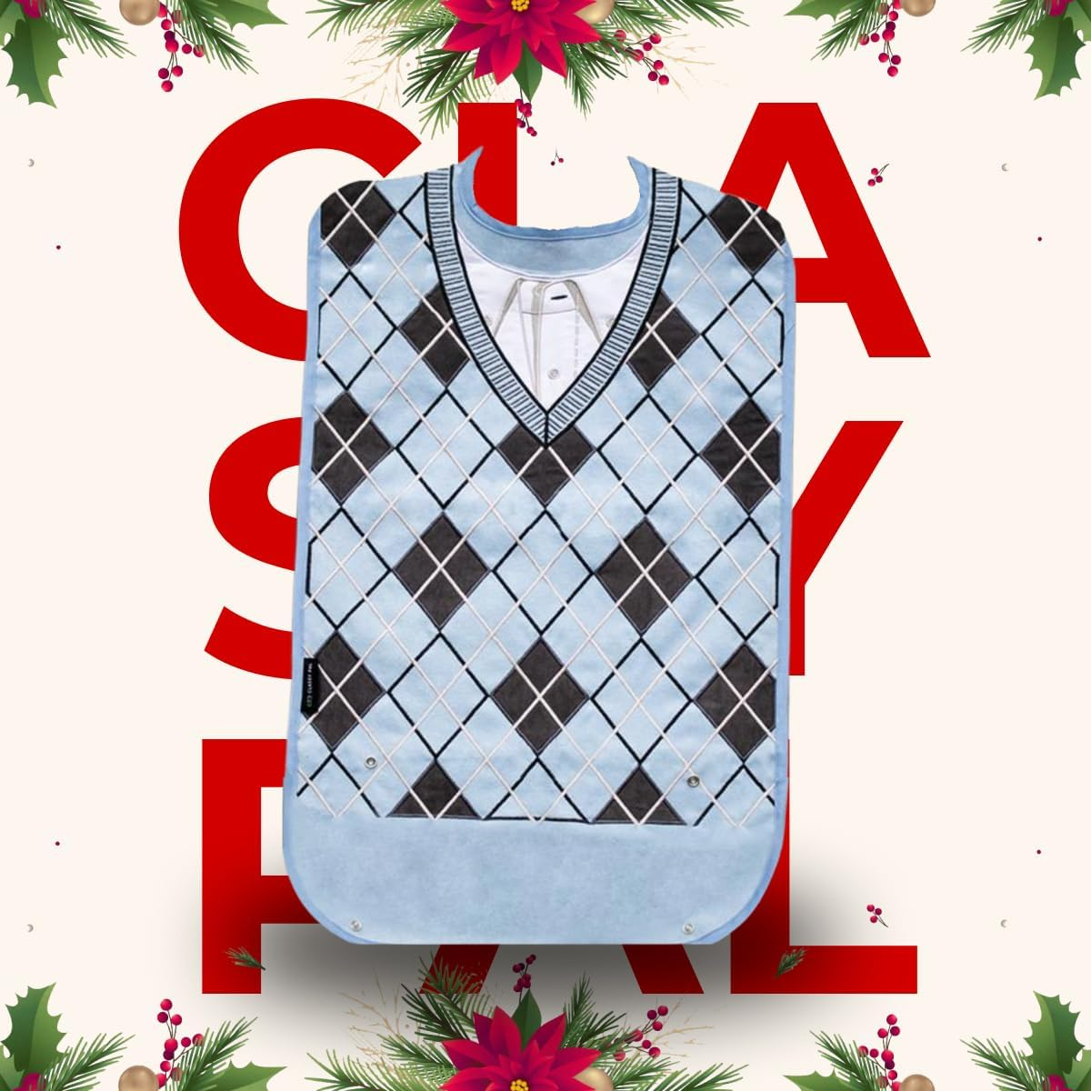 Adult Bib for Men with Embroidered Design. Waterproof, Reusable & Washable - Argyle Sweater image number 2