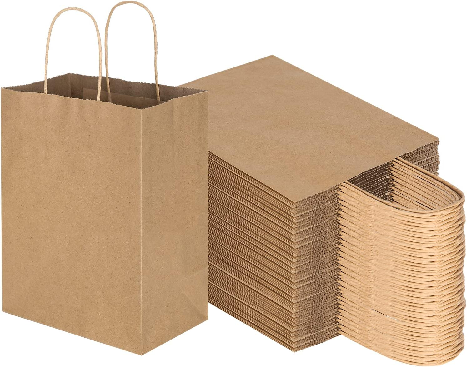 Toovip 100 Pack 8X4.75X10 Inch Medium White Kraft Paper Bags with Handles Bulk, Gift Wrap Bags for Favors Grocery Retail Party Birthday Shopping Business Goody Craft Merchandise Take Out Bags Sacks