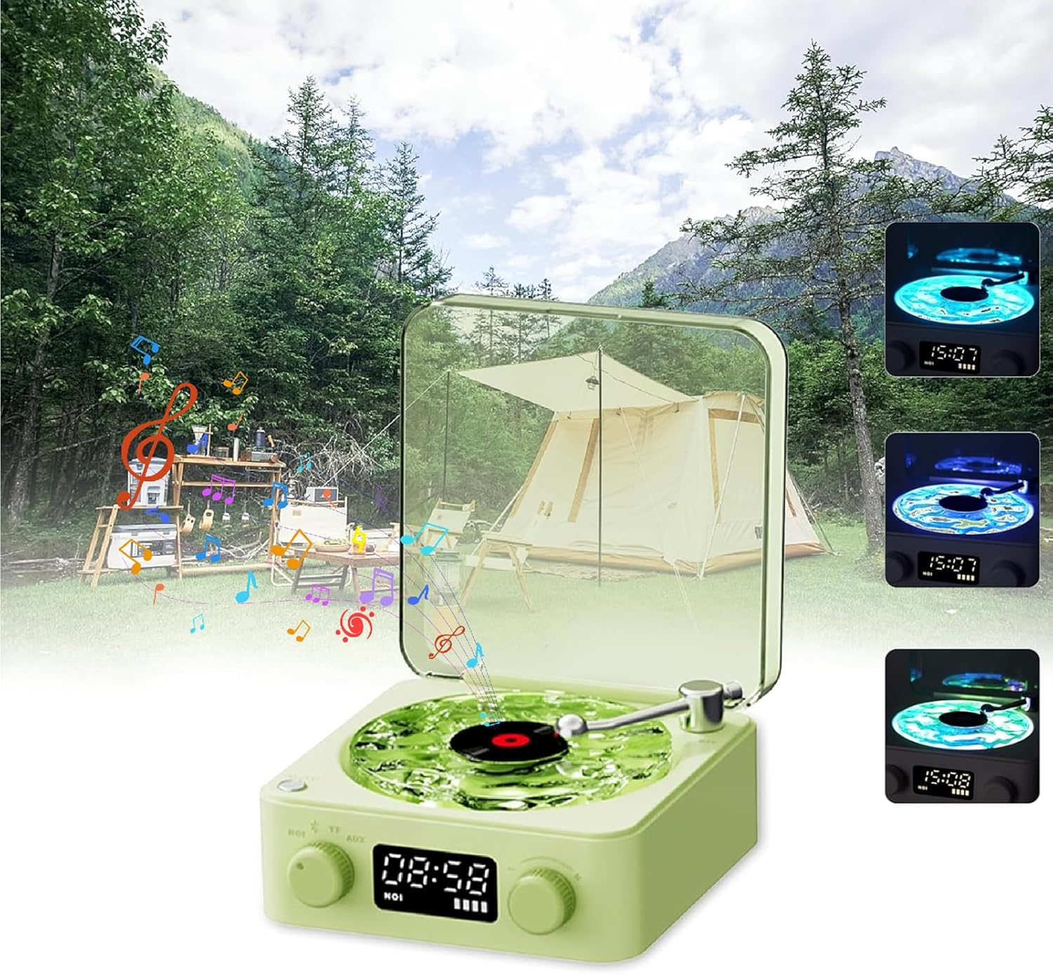 Jiawu the Waves Player, Waves Bluetooth Speaker, Creative Vintage Record Player Style Speaker with Adjustable Ambient Light for Bedroom, Ocean Sound White Noise Wave Speaker (Green)