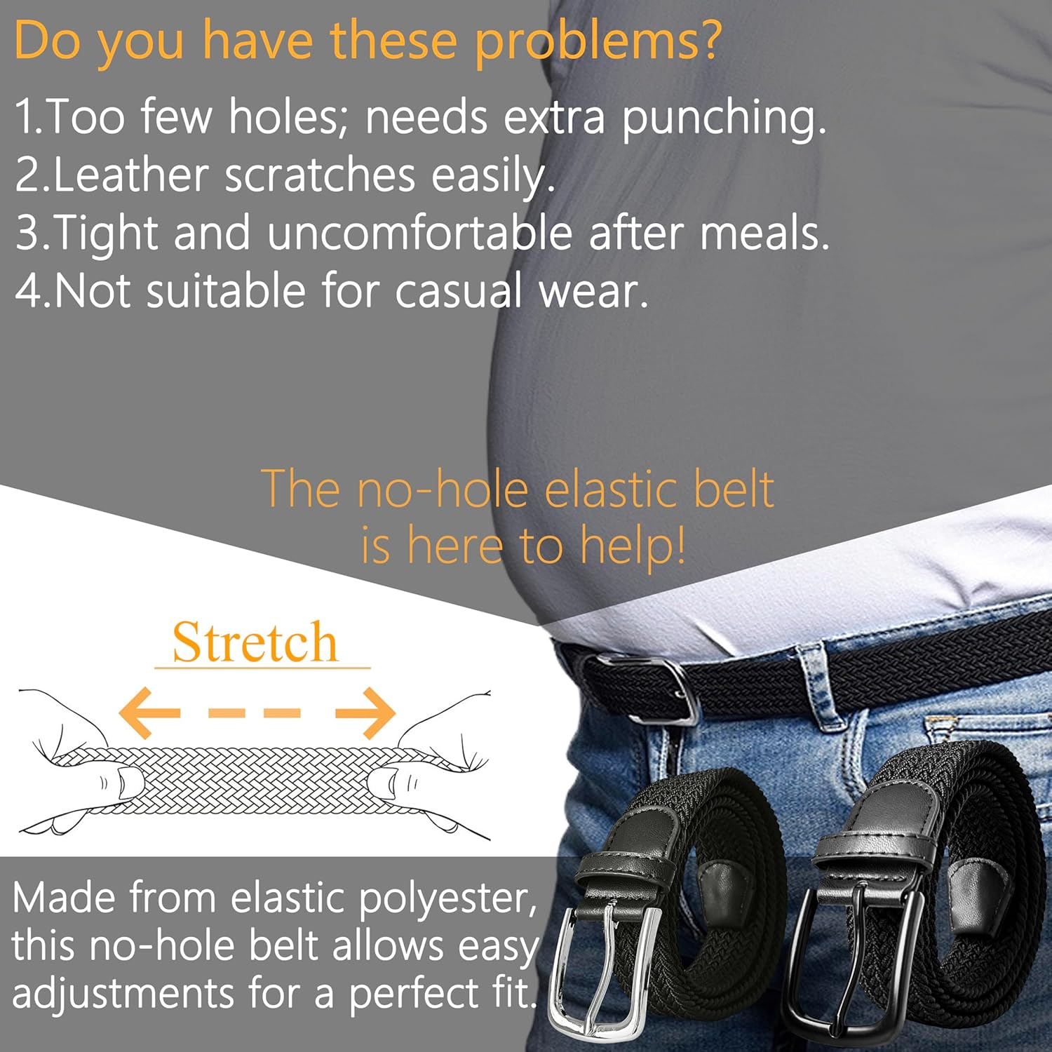 JIFANPAUL Men'S Mesh Belt, Large Size, Braided, No Holes, Elastic Belt, Stretchable, Golf, Casual, Business, Gentleman, Student Clothing, One Size Fits Most, Stretch, Blackd-Black Buckle, M [全長：約125Cm image number 1