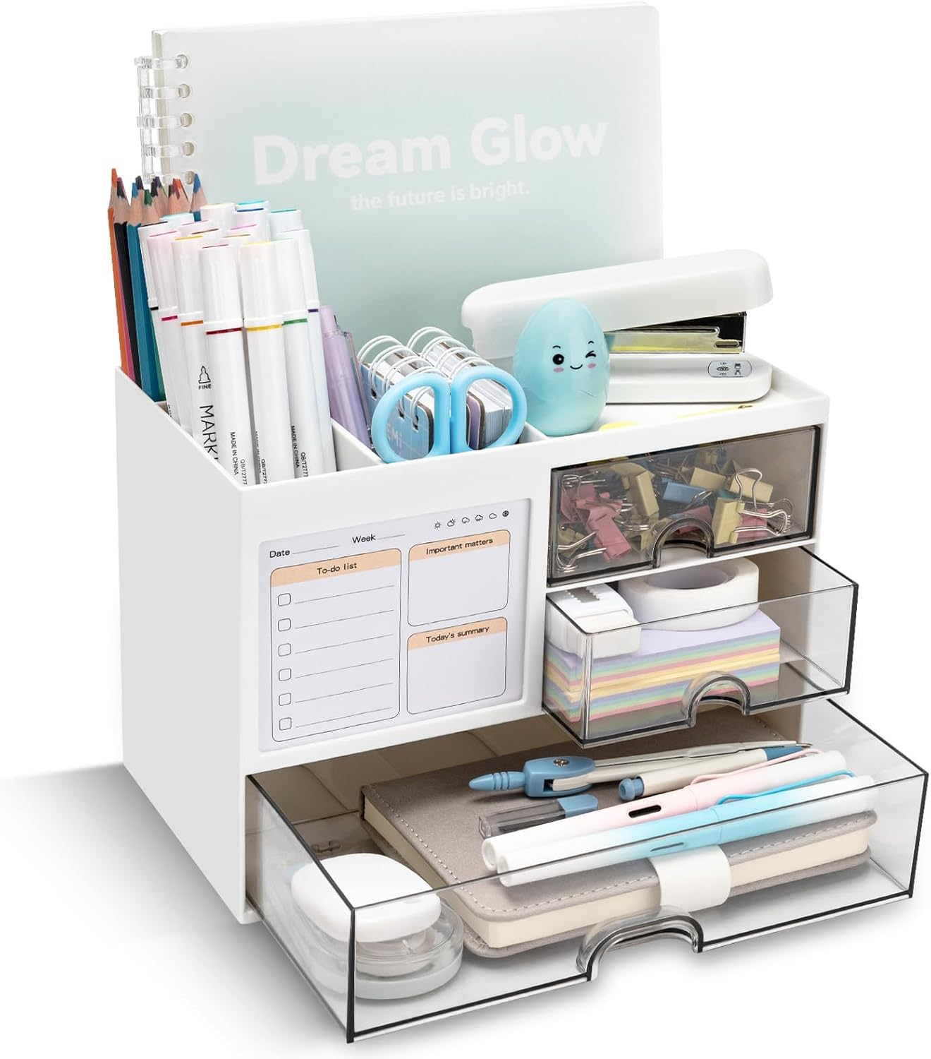 Desk Organizer with 3 Drawer, Multi-Functional Pencil Pen Holder for Desk, Desk Organizers and Storage with 5 Compartments, Desktop Organizer for Office Home Art Supplies (White) image number 6