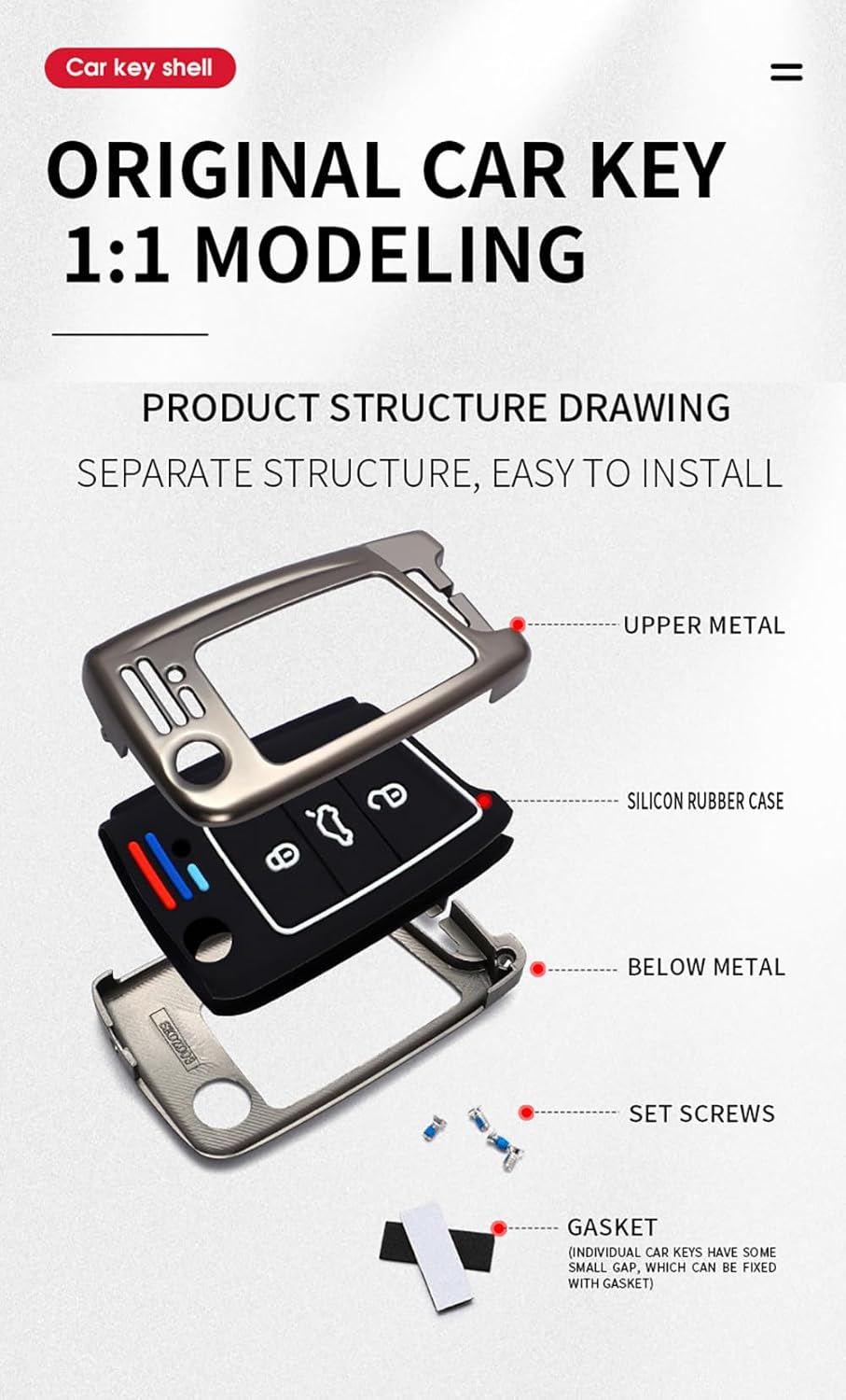 Ontto Metal Car Key Fob Cover Fit for VW Polo Golf 7 MK7 Tiguan Octavia Kodiaq Karoq Ateca Leon Flip Key Case Keyring Key Shell Holder Bag Keychain Protector Accessories Silver B image number 3