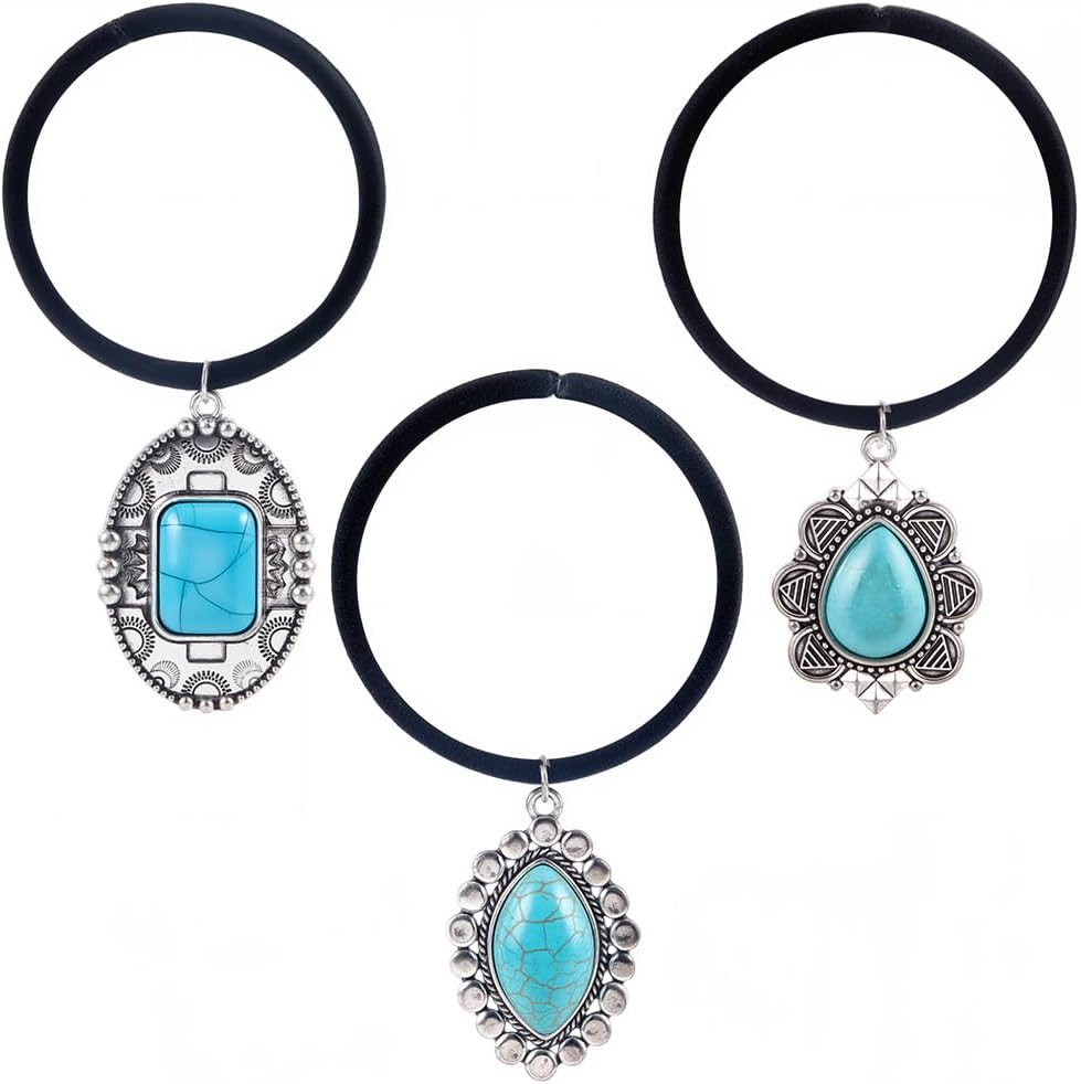 CABODYALS Pack of 3 3 Styles Western Style Turquoise Decorative Hair Bobbles Bracelet Vintage Boho Metal Ponytail Holder Cowgirl Elastic Hair Bands Rope for Women Party Outfit Dresses Accessories image number 4