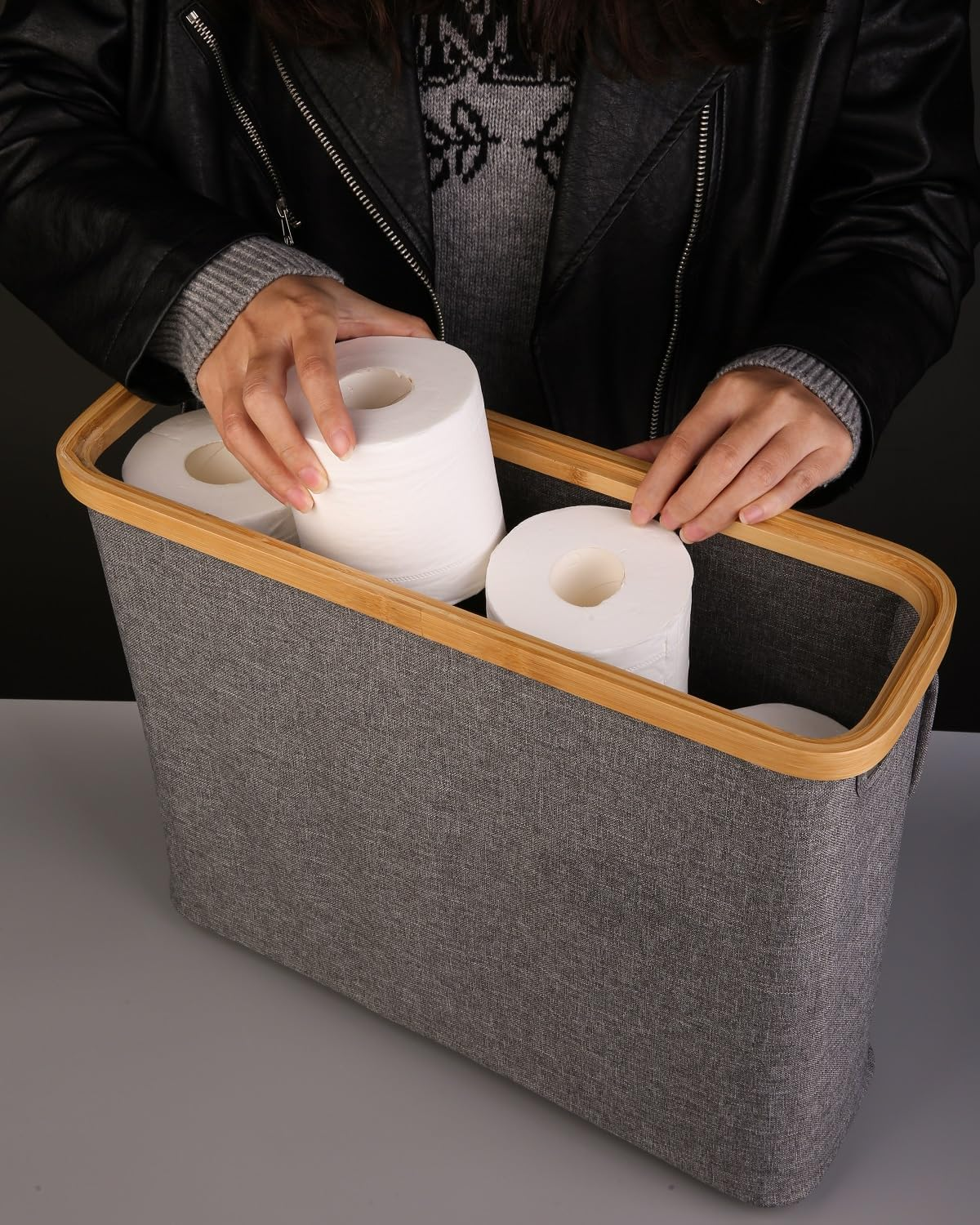 Toilet Paper Storage with Lid, Slim Toilet Paper Basket Holder Bin Container, Bamboo Bathroom Accessories Organizer Holder Stand, Hold up to 12 Regular Rolls or 9 Mega Rolls (Gray) image number 5