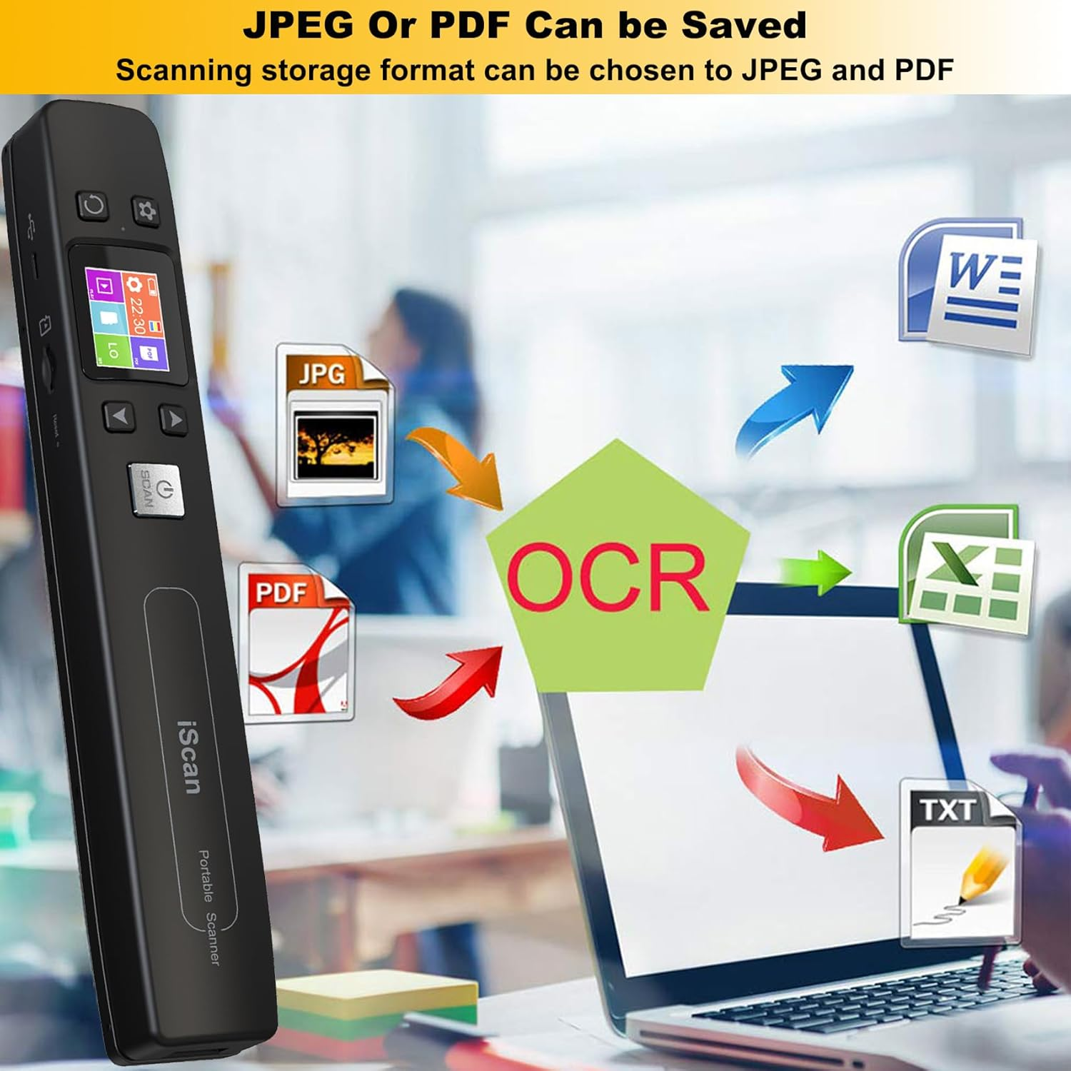 AUTENS Portable Handheld Scanner Included 16G SD Card, Wand Scanner for A4 Documents Pictures Pages Texts Receipts Books up to 1050DPI, Colorful LCD Display, Uploads via USB Cable, No Driver image number 1