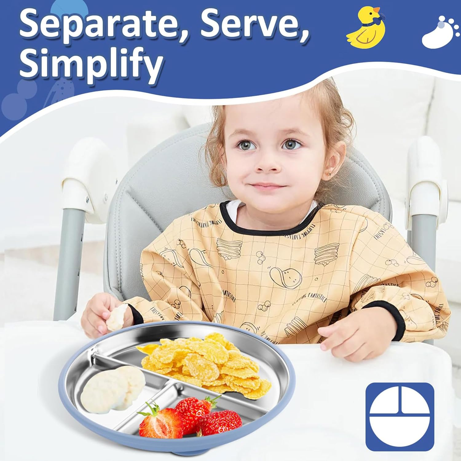 Stainless Steel Baby Plate with Suction, 9&rdquo; Divided Toddler Plates with Removable Silicone Sleeves for Kids, Non-Toxic Non-Slip Unbreakable Dishwasher Safe Dinnerware(Blue & Gray & Beige-9In) image number 2