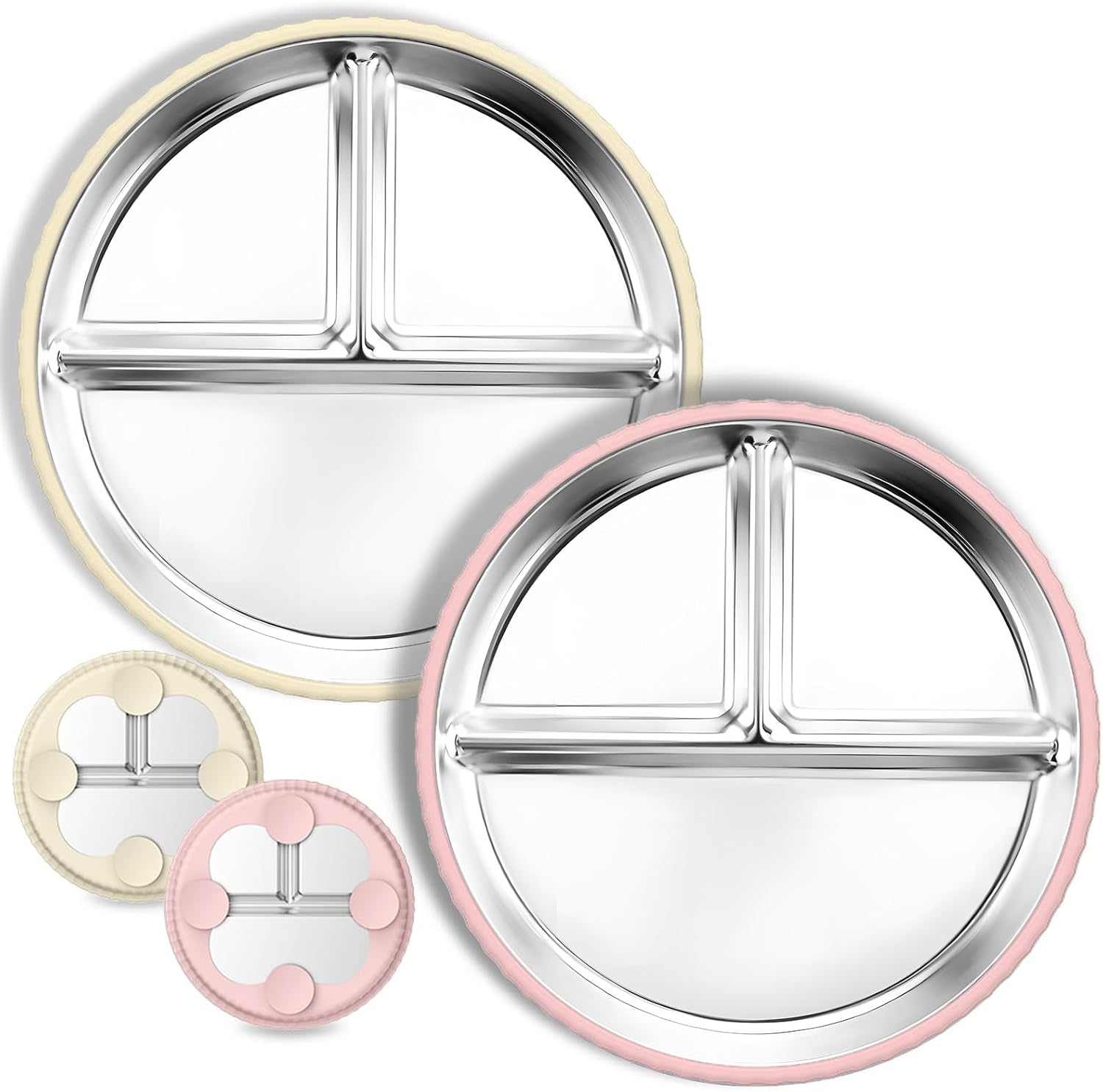 Stainless Steel Toddler Plates 2 Pack, 9" Divided Baby Plates with Suction & Removable Non-Slip Silicone Sleeves, BPA Free, Unbreakable, Dishwasher Safe, Non-Toxic Kids Dinnerware (Pink & Beige) image number 3