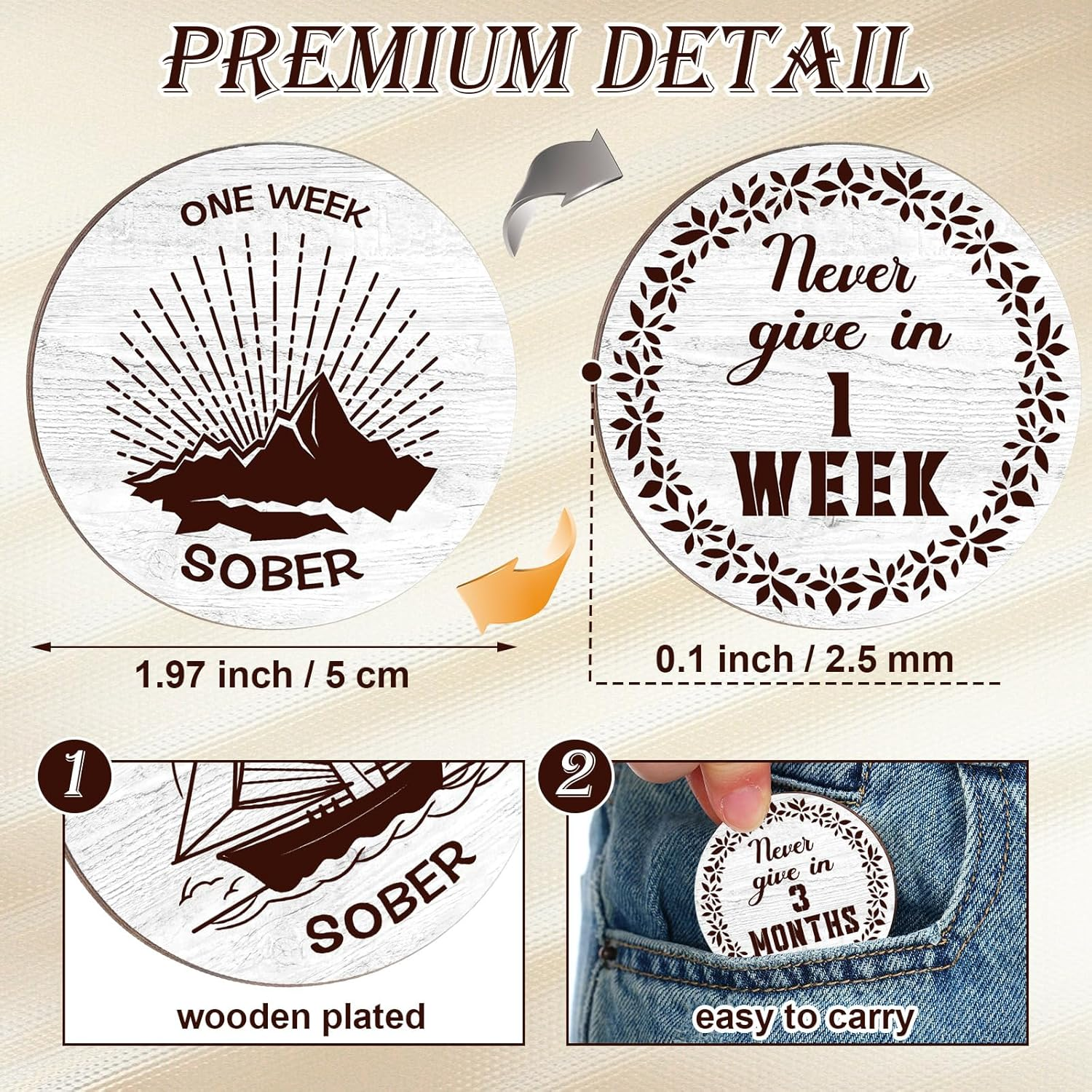 28 Pcs Wooden Sobriety Coin Gift Set, Recovery Sobriety Chip One Year AA Chips and Medallions Anniversary Sobriety Gifts for Men Alcoholics Anonymous Addiction Recovery Gift(White) - Wood Color image number 3