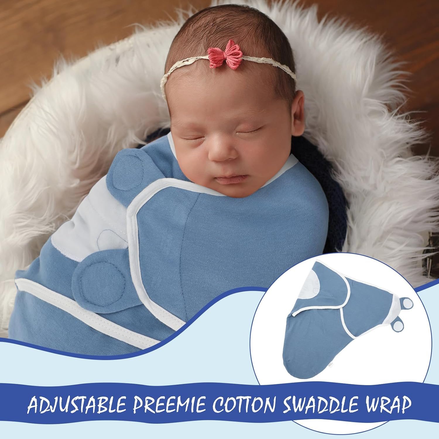 Vitalcozy 2 Pcs Preemie Swaddle Preemie Swaddle Wrap Adjustable Swaddle Blanket Preemie Cotton Swaddle Blanket for Preemie Boys Girls Sleep (Blue, Green) image number 1