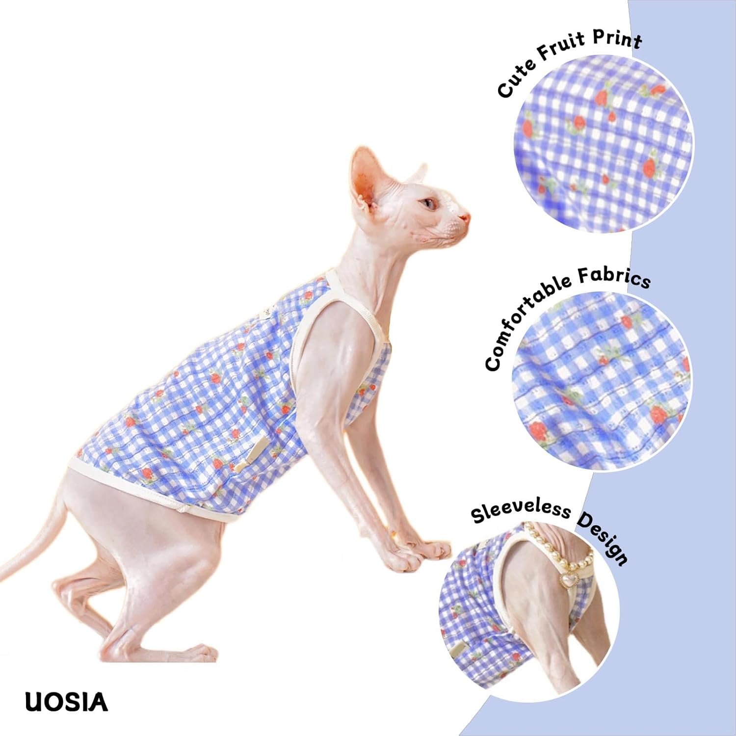 UOSIA Sphynx Hairless Cats Shirt Cornish Rex Plaid Kitten T-Shirts Hairless Cat Summer Vest Breathable Cat Daily Wear Clothes Small Dogs Apparel Pet Pajamas image number 2