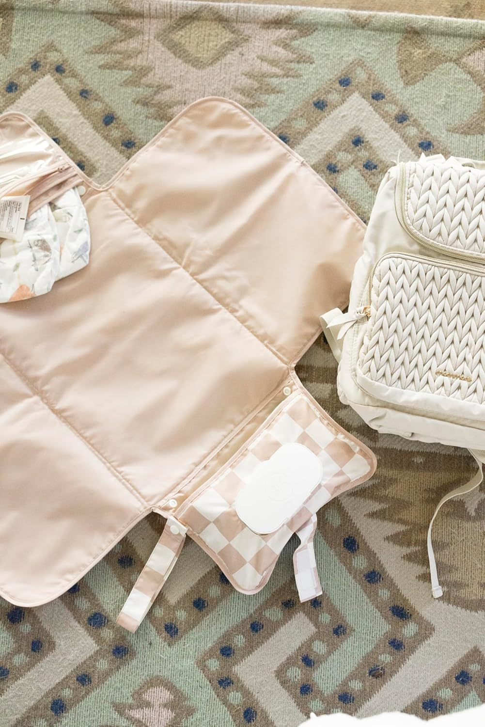 Tiny Twinkle Portable Diaper Changing Pad - Foldable Waterproof Diaper Changing Mat for Travel, Baby Changing Station with Smart Wipes Pocket & Storage (Beige Checkers)