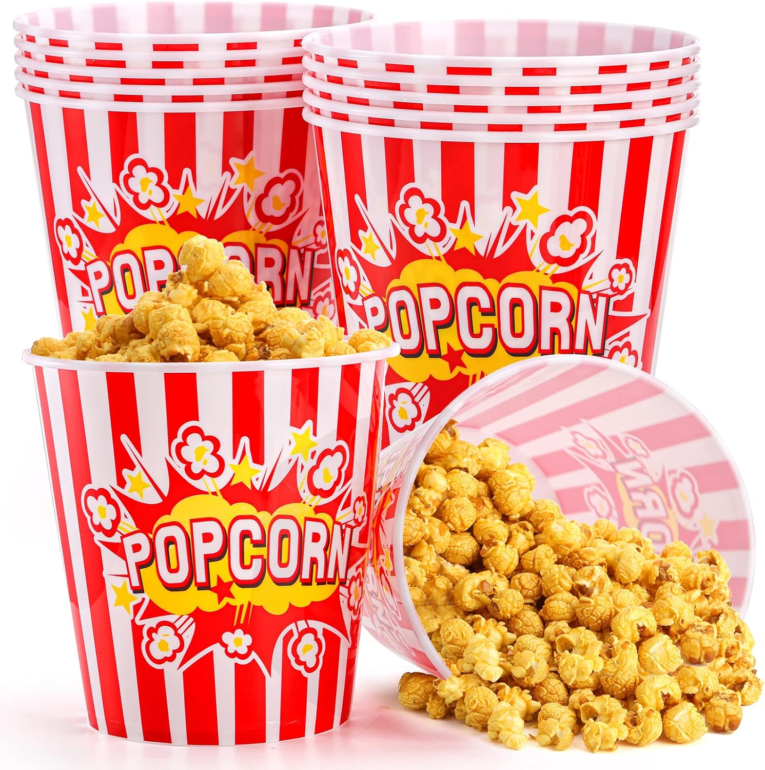 YOUEON 12 Pack Large Plastic Popcorn Bowls, 95 Oz Reusable Popcorn Containers in Red & White Striped Retro Style, Popcorn Buckets for Movie Night, Theater, Party Theme image number 6
