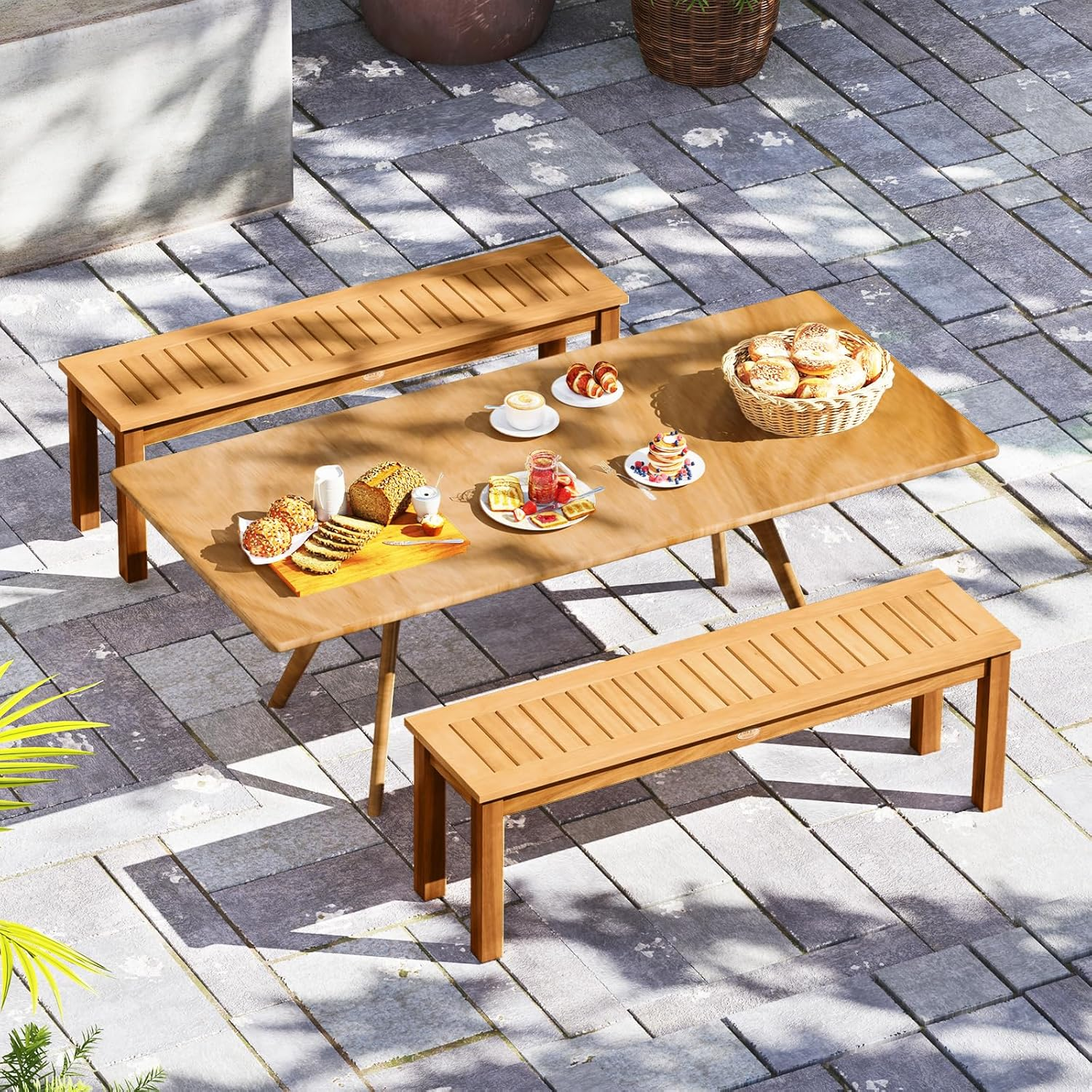 Acacia Wood Outdoor Bench, Patio Bench W/Slatted Seat & Solid Wood Legs, Outdoor Wooden Backless Bench for Entryway, Backyard, Porch, Garden, Natural Teak Color (Style 1) image number 6