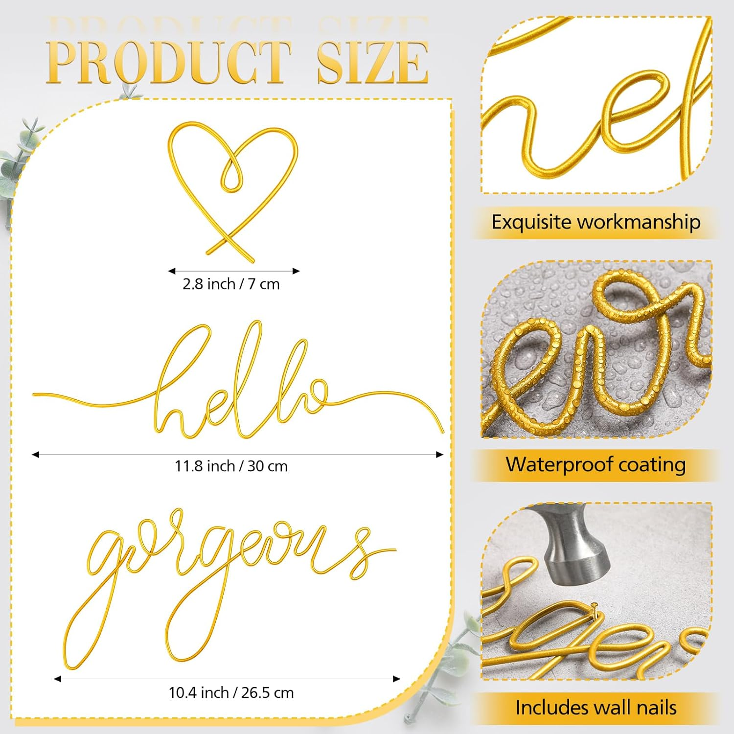 Hicarer Hello Gorgeous Metal Wall Art Decor Minimalist Decoration Metal Hello Gorgeous Decorative Sign for Living Room Office Bedroom Hotel Home Wall Decoration(Gold) - Gold image number 5