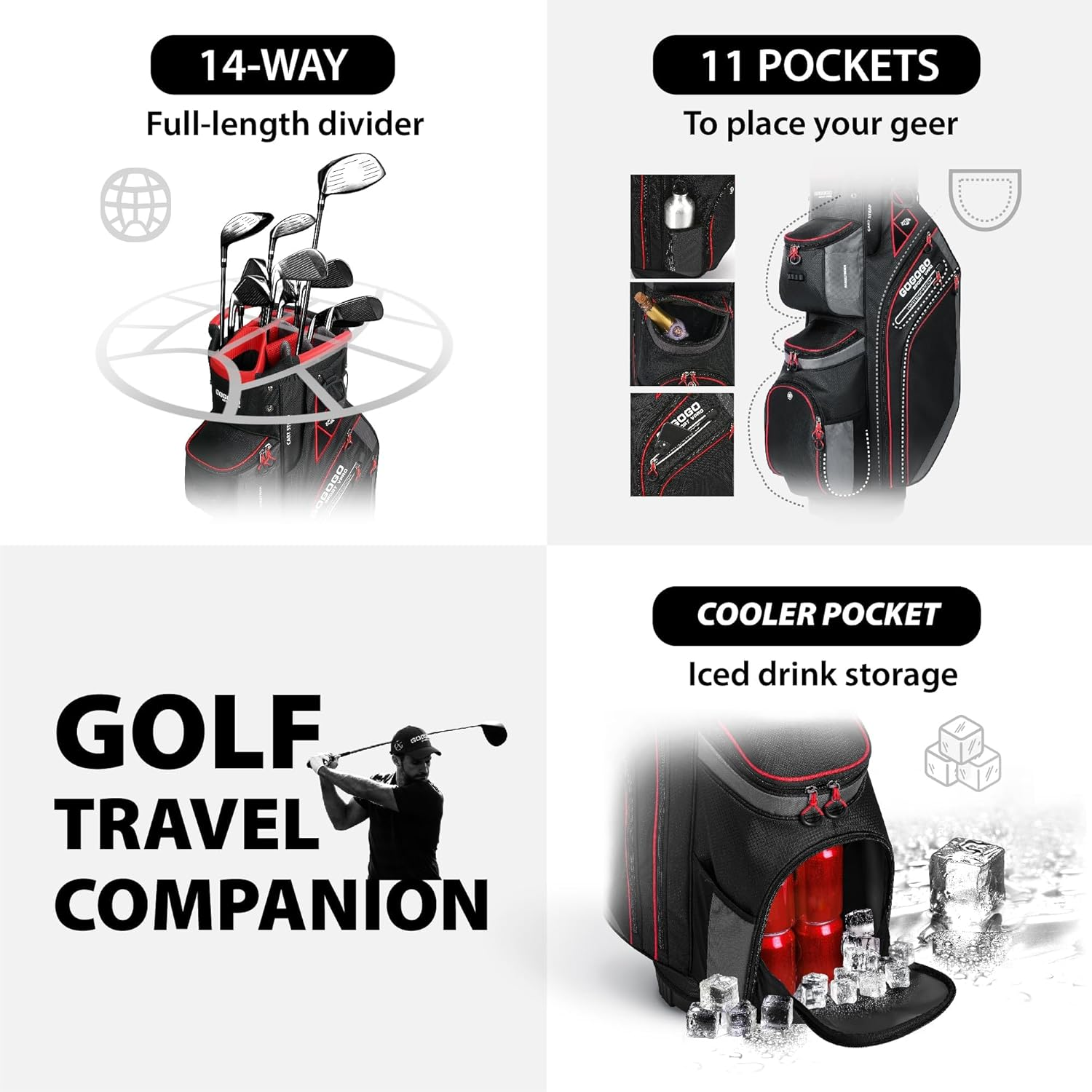 Gogogo Sport Vpro Golf Cart Bag with 14 Way Dividers, 11 Pockets Golf Club Bag, Rain Hood, Insulated Beverage Compartment image number 6