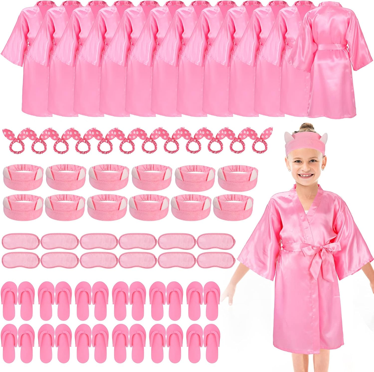 60 Pcs Spa Party Supplies for Girls Satin Kimono Robe Disposable Foam Slippers Eye Mask Spa Headband Bow Hair Band Kid Salon