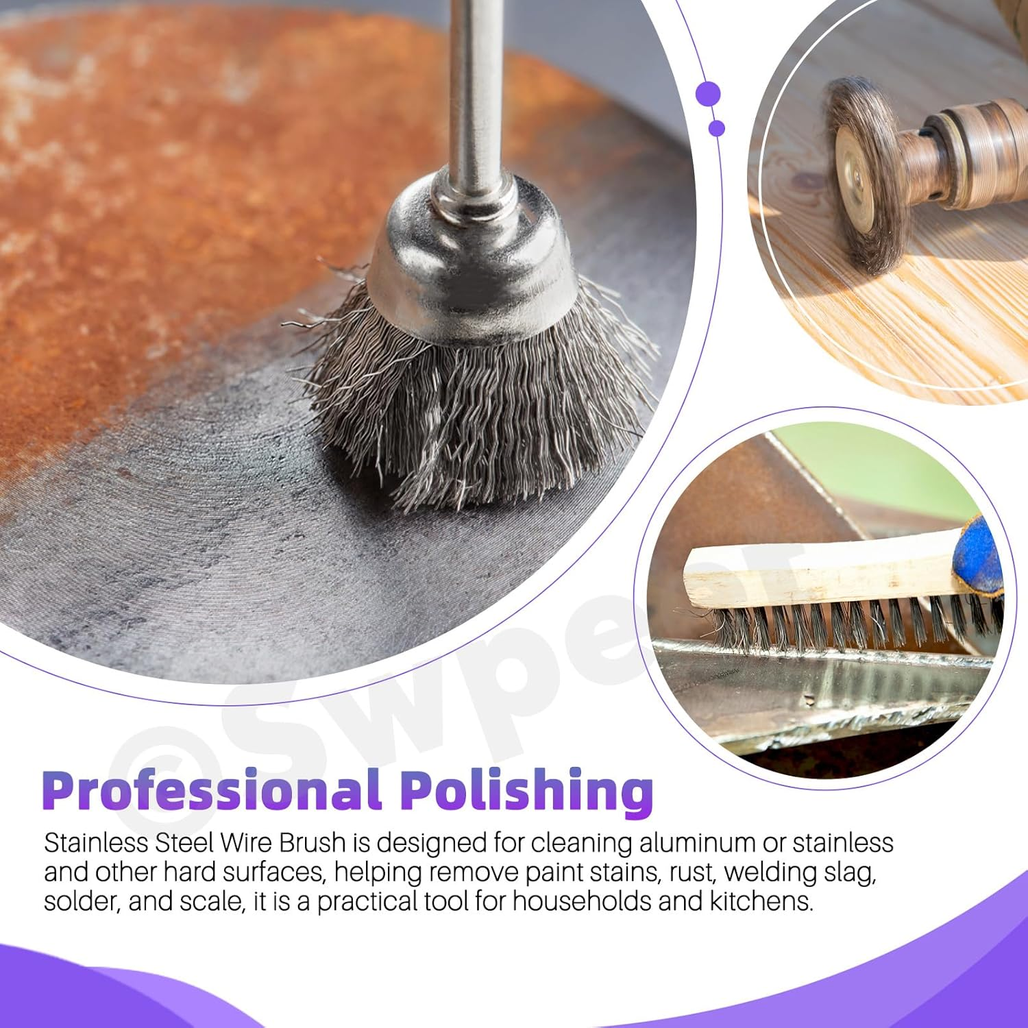 Swpeet 10Pcs Wire Brush Set, Including 5Pcs Wire Wheel Cup Brush, 3Pcs Stainless Steel/Brass/Nylon Bristles with Curved Handle Grip and 2Pcs Stainless & Carbon Steel Wire Brush for Deep Cleaning image number 2