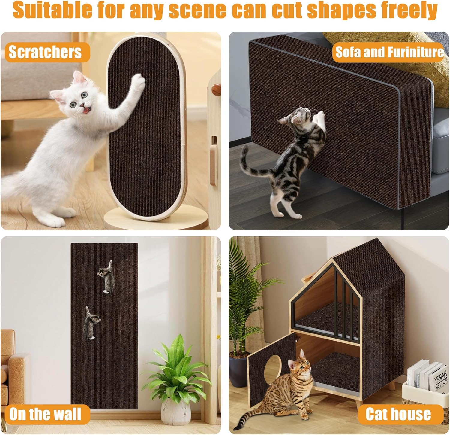 Cat Scratching Mat Self-Adhesive, Trimmable Furniture Protector for Couch, Sofa, Wall & Cat Trees - Durable Scratch Pad with Nano Tape, DIY Climbing Carpet for Indoor Cats (Brown, 23.6"X15.8") - Brown image number 5