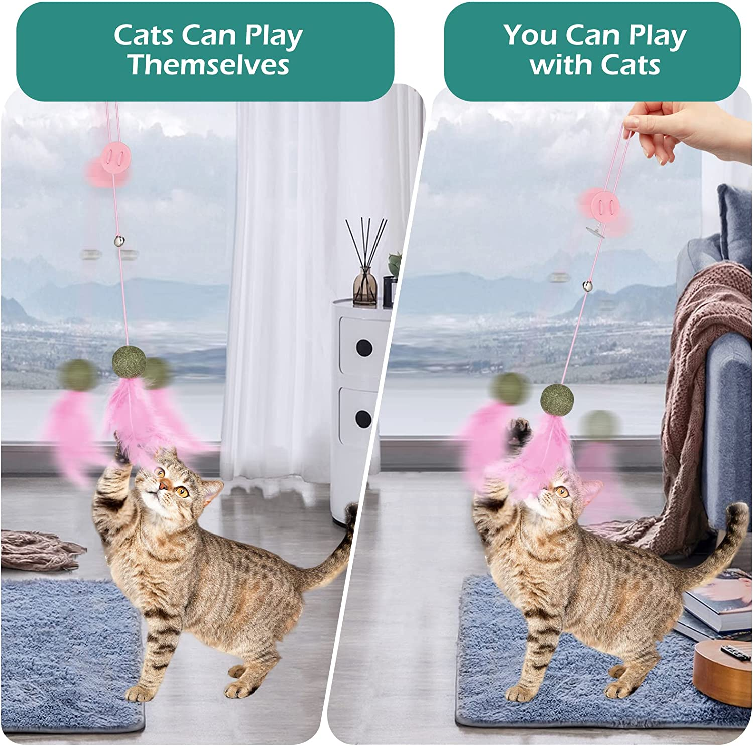 Geeric 5 Pack Interactive Cat Feather Toys, Over-The-Door Cat Toys Retractable Cat Teaser Toy Hanging Interactive Cat Toys for Indoor Cats Kitten Play Chase Exercise Interactive Elastic Rope Cat Teasers image number 6