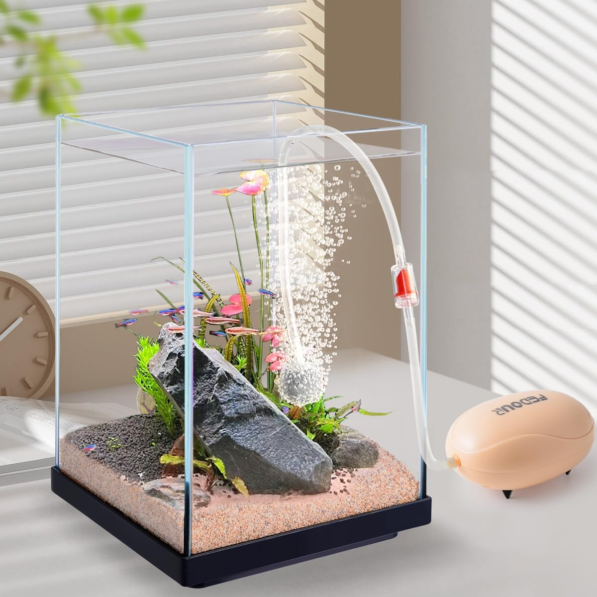 FEDOUR Mini Aquarium Air Pump, Quiet Fish Tank Oxygen Pump with Single Outlet, Aquarium Air Bubbler with Complete Accessories for up to 75L Fish Tanks, Betta Tanks, Shrimp Tanks image number 4