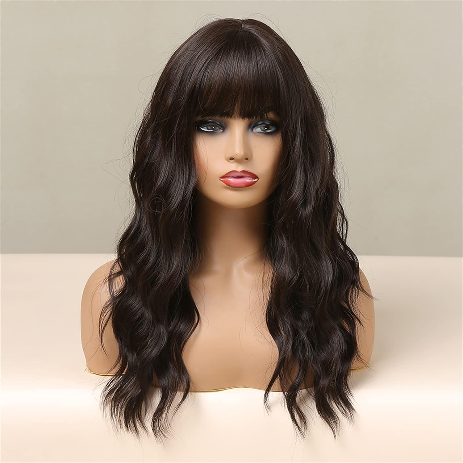 Eacam Long Curling Hair Wigs with Bangs Pastel Wavy Wig Wavy Hair Wig with Hair Net Heat Resistant Synthetic Black Hair Wigs for Women Cosplay Party Daily Use
