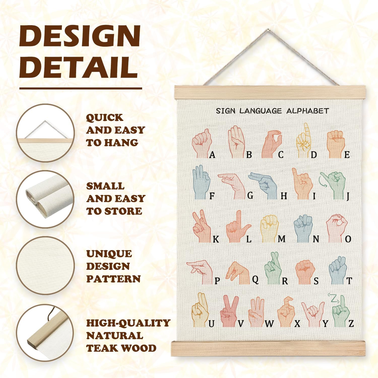 LUVADIAN Asl Alphabet Poster Hanger Frame,Sign Language Poster,Alphabet Posters for Classroom Wall,Sign Language Book for Kids,Toddler Learning Posters for Nursery Kids Room,12X16 Inches image number 1