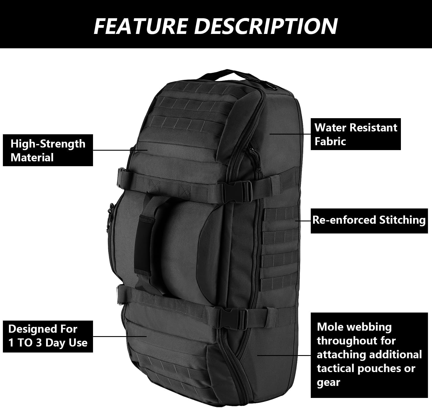Hannibal Tactical Large Duffle Bag, 3-In-1 Tactical Backpack MOLLE Pack for Sports, Gym, Outdoor, Black, Black, 65L, Outdoor Activity