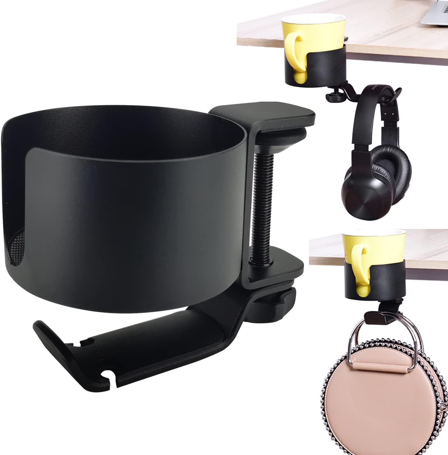 MAGGHEVI Headphone Holder,2 in 1 Anti-Spill Cup Holder with under Desk Headphone Hanger 360&deg; Adjustable & Rotating Arm Clamp Headset Stand,Organizer Accessories for Office or Gaming Room image number 4