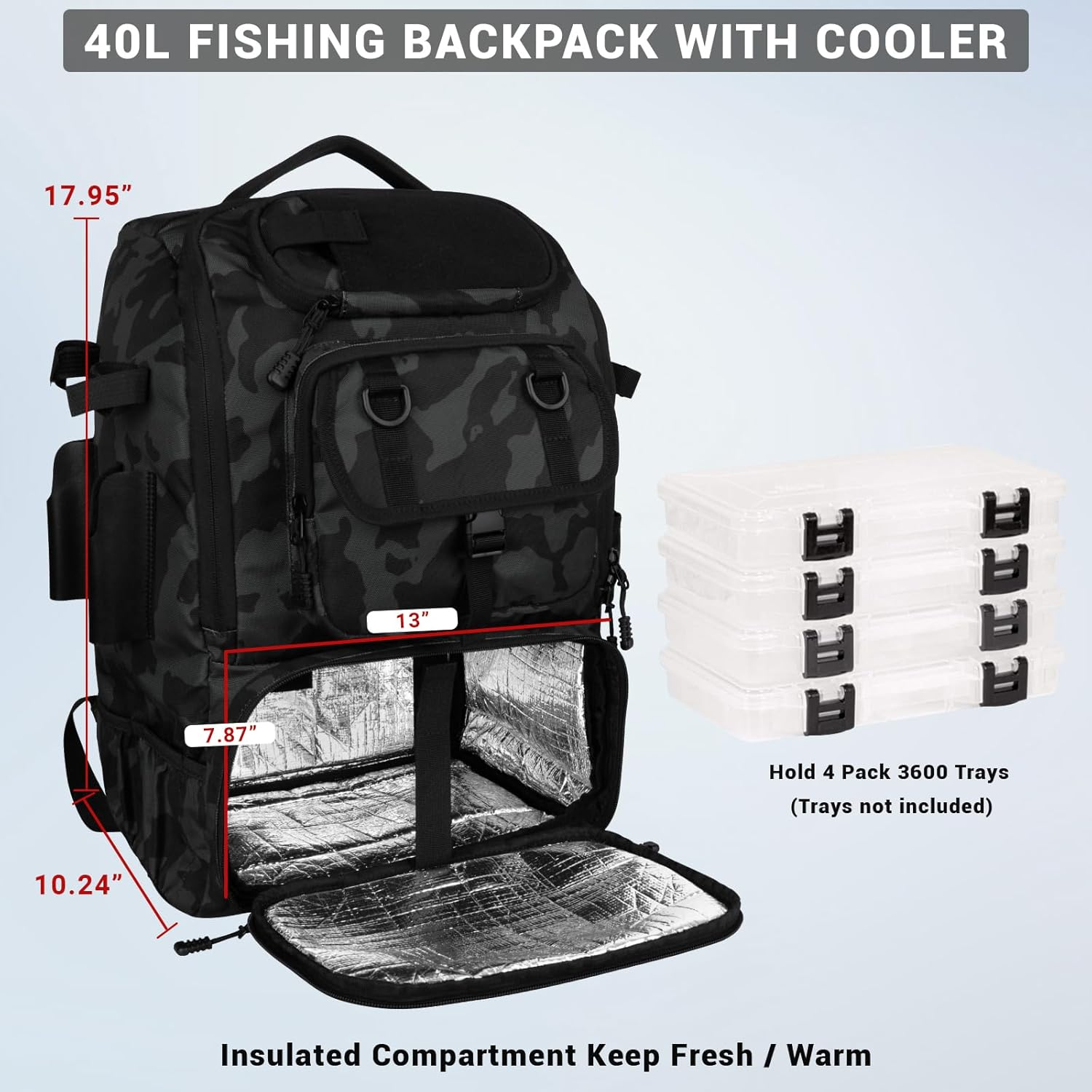 Fishing Backpack with Rod Holders,40L Large Water-Resistant Fishing Tackle Bag with Cooler,Tackle Box Backpack,Black