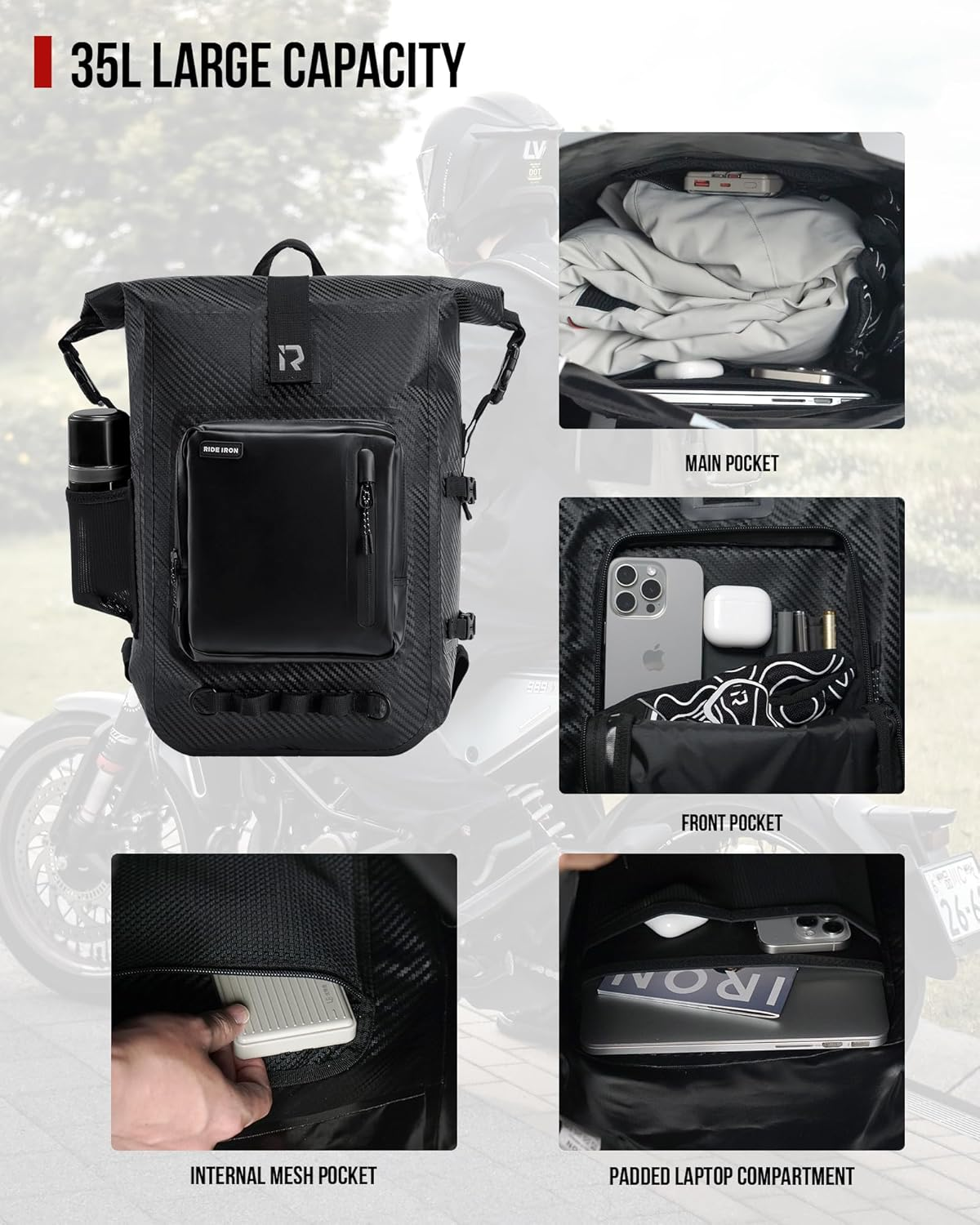 RIDEIRON Motorcycle Backpack - Carbon Fibre image number 2