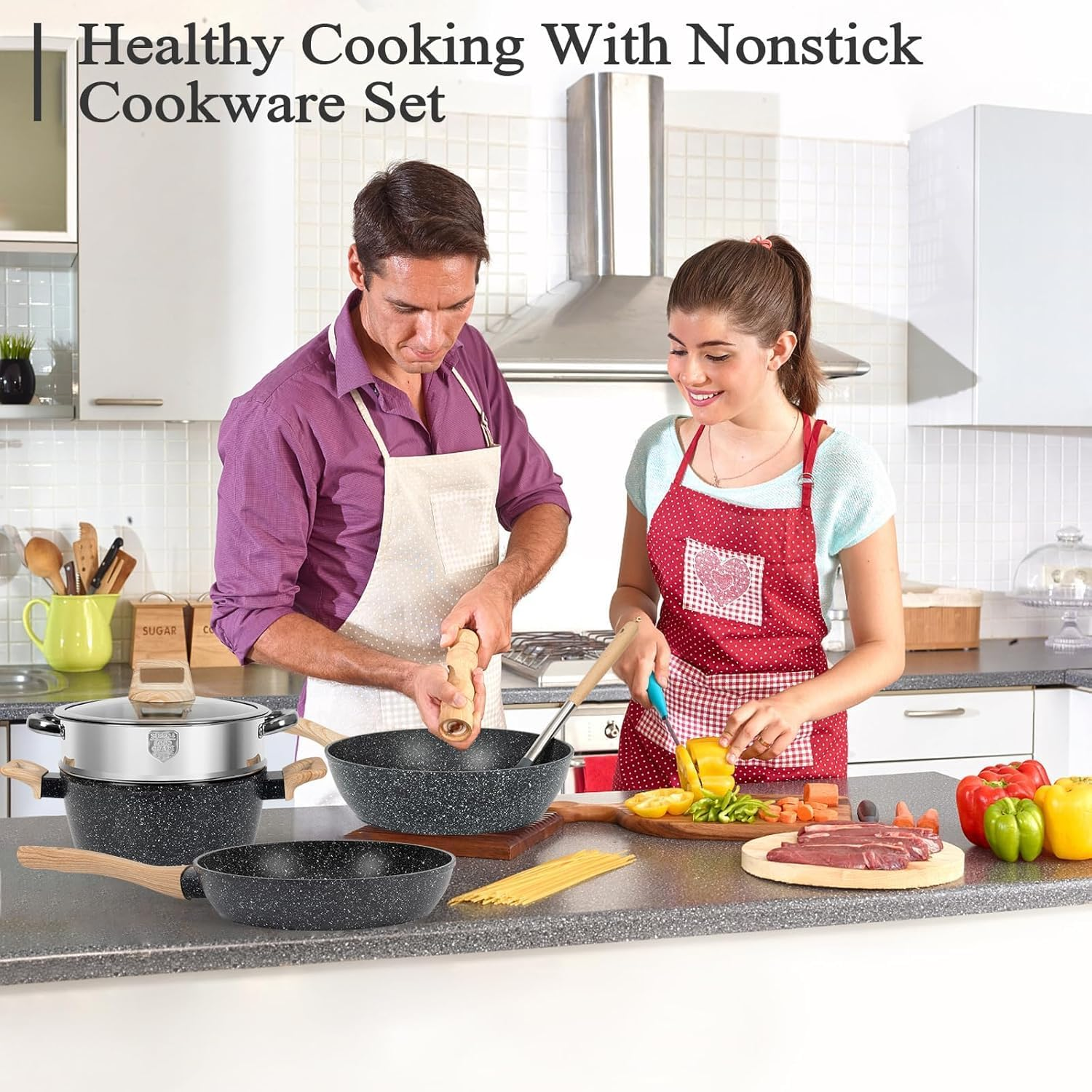 12 Pcs Pots and Pans Set, Nonstick Cookware Sets Black Granite Induction Cookware, Non-Toxic Healthy Non Stick Kitchen Cooking Set with Frying Pans Set, Saucepans, Steamer image number 5