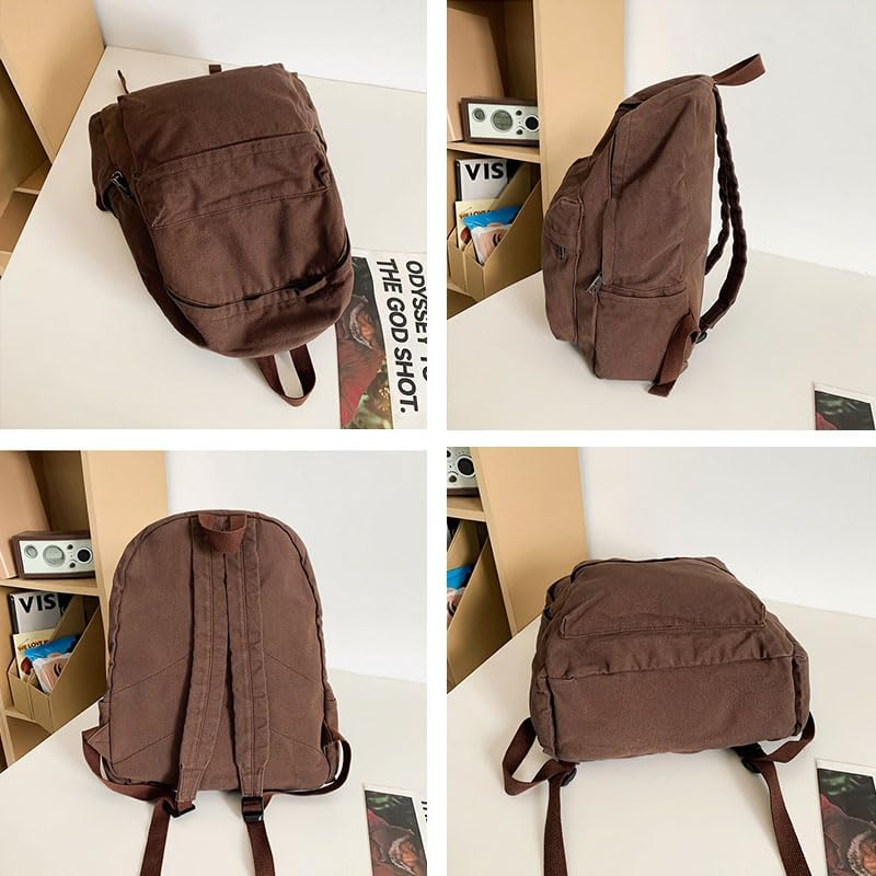 KAOBIO Vintage Y2K Aesthetic Canvas Backpack for Women Men Casual Grunge Laptop Backpack Hippie 2025 Trendy Daypack Rucksack, Army Green, Classic - Brown image number 4