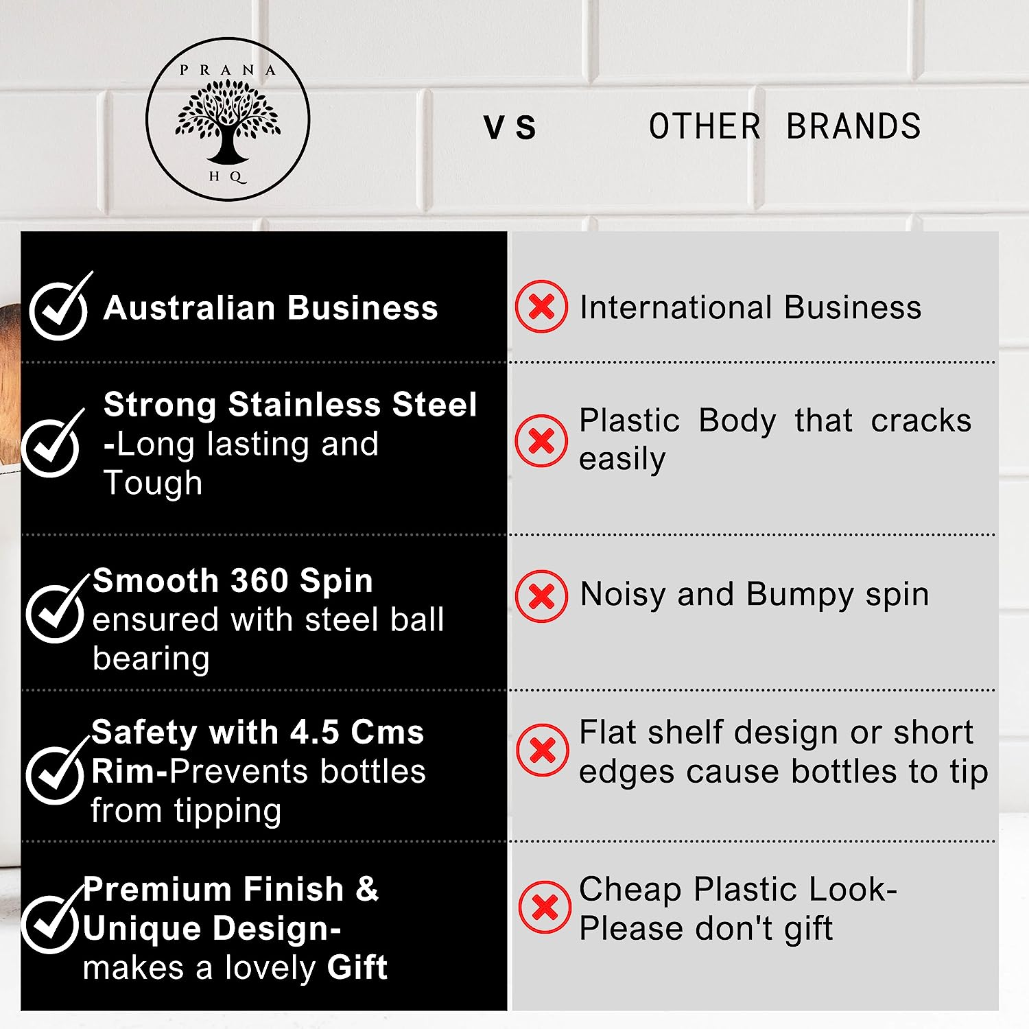 Prana HQ Lazy Susan Turntable Organiser -10" Stainless Steel Rotating Tray-Storage & Organisation of Spice Jars,Sauce & Oil Bottles,Condiments in Pantry,Kitchen Benchtop, Fridge,Table.Smooth Spin.