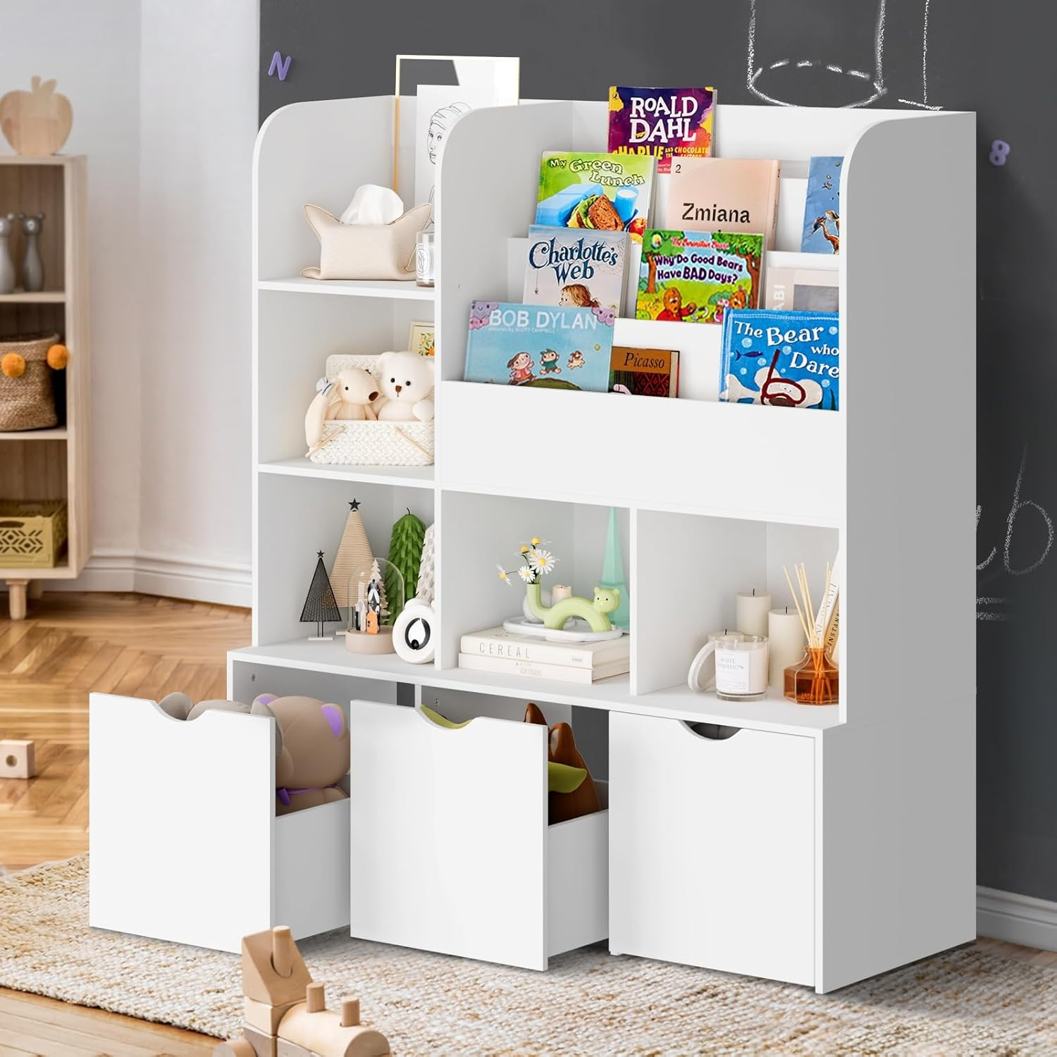 Oikiture Kids Bookshelf Toy Organiser Cabinet Bookshelf with Chest Storage
