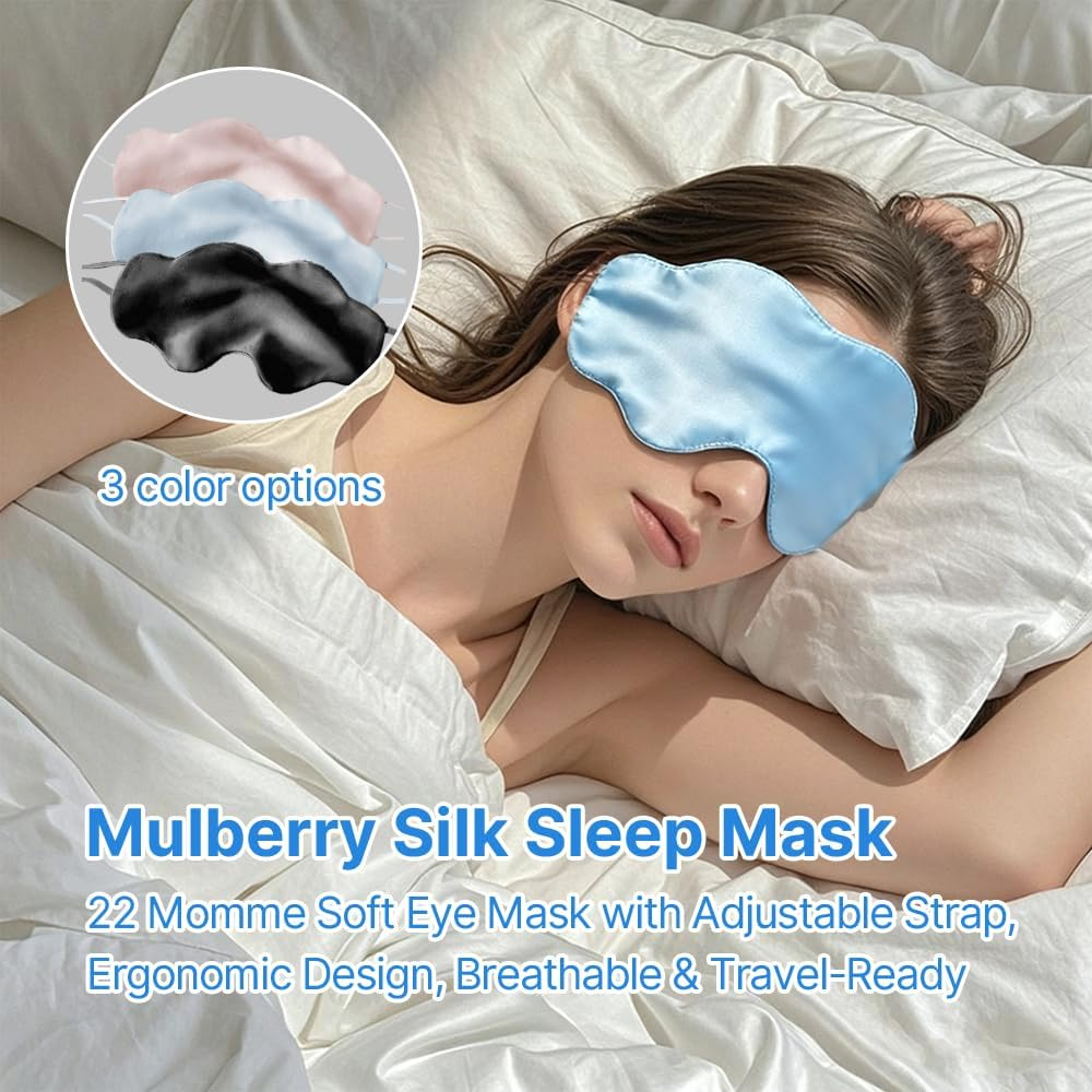 100% Pure Mulberry Silk Sleep Mask for Women, 22 Momme Soft & Breathable Double-Sided Silk Eye Mask, Adjustable Strap, W-Shaped Ergonomic Design for Complete Blackout, Travel & Sleep Aid (Blue) image number 3