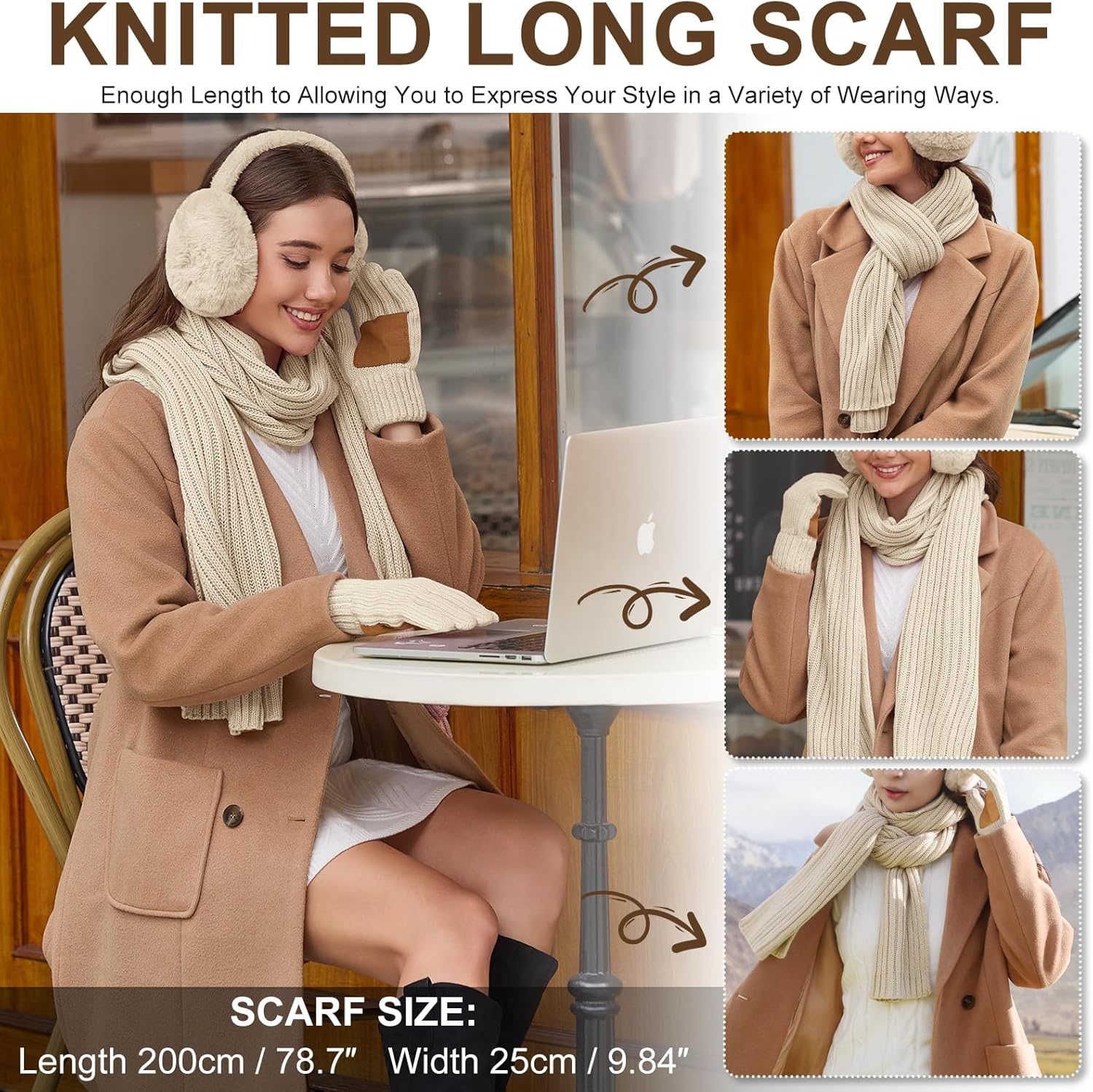 Scarf Gloves Set for Women with Ear Warmers Winter Warm Beanie Hat Scarf Gloves Set Touchscreen Gloves Socks image number 5