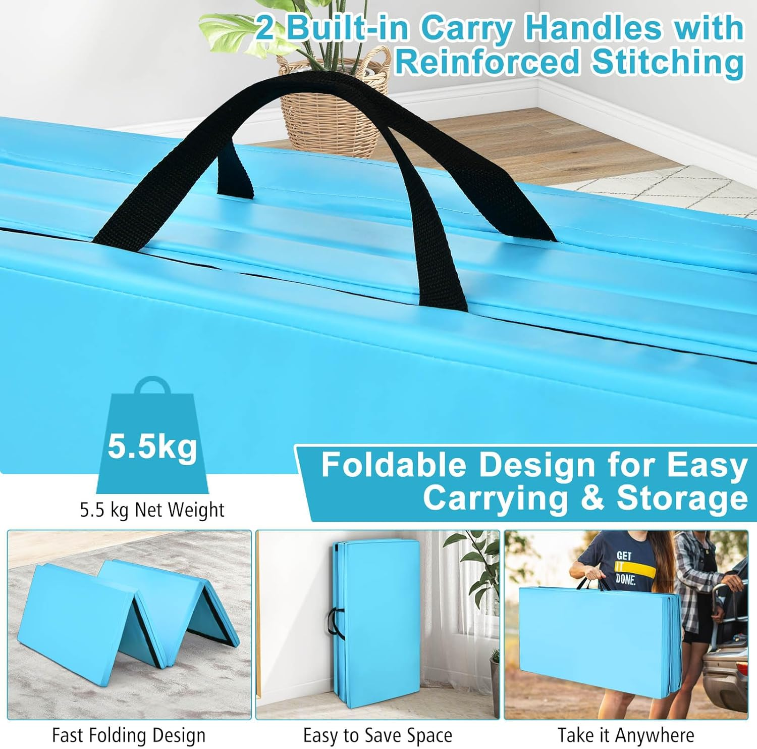 Costway Folding Gymnastics Mat, 240 Cm X 116 Cm X 5 Cm Exercise Tumbling Mat W/ Carrying Handles for Home Gym Fitness, Portable Extra Thick Panel Mat for Kids Play, Aerobics Workout, Yoga, Muscle Stretching image number 2