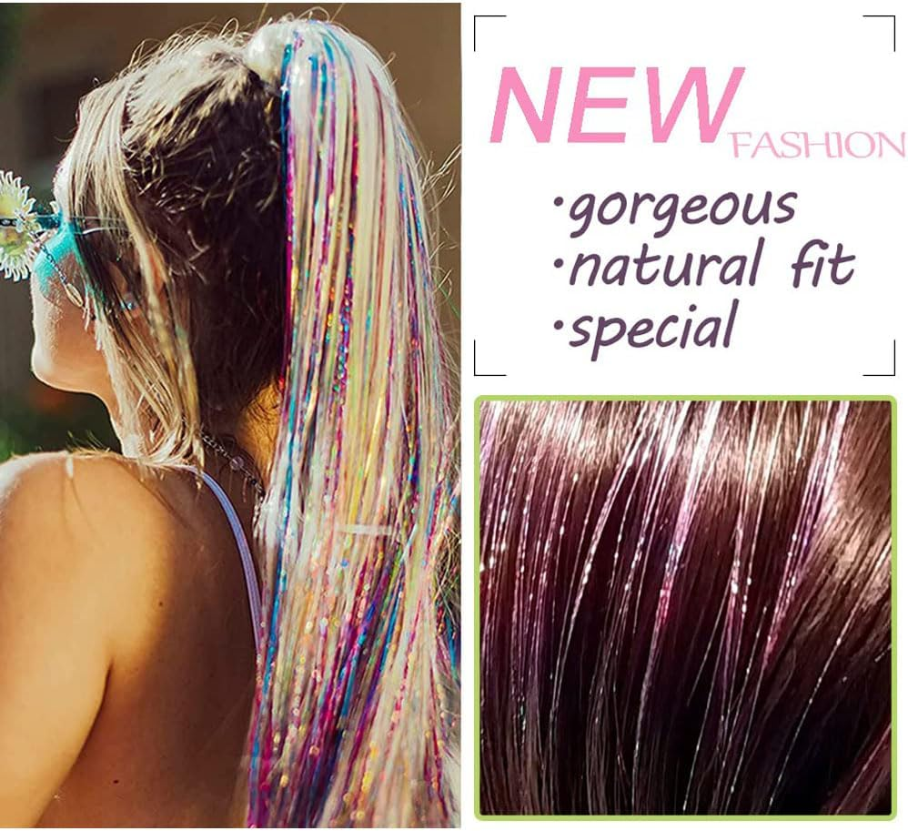 Aufondof Hair Tinsel Kit 12 Colors, 2100 Strands 47 Inches Sparkling Tinsel Hair Extensions with Tool, Glitter Bling Synthetic Hair Streaks for Birthday Halloween Christmas New Year Party image number 6