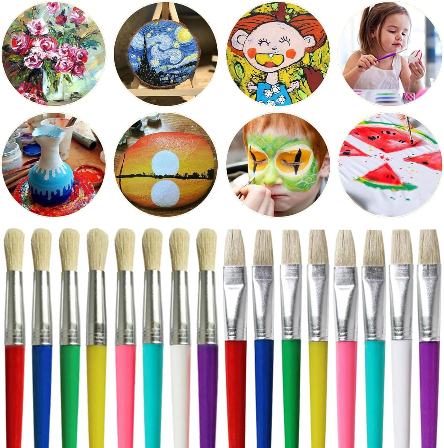 Kids Paint Brushes Set, 16 PCS round and Flat Preschool Brushes for Washable and Acrylic Paint