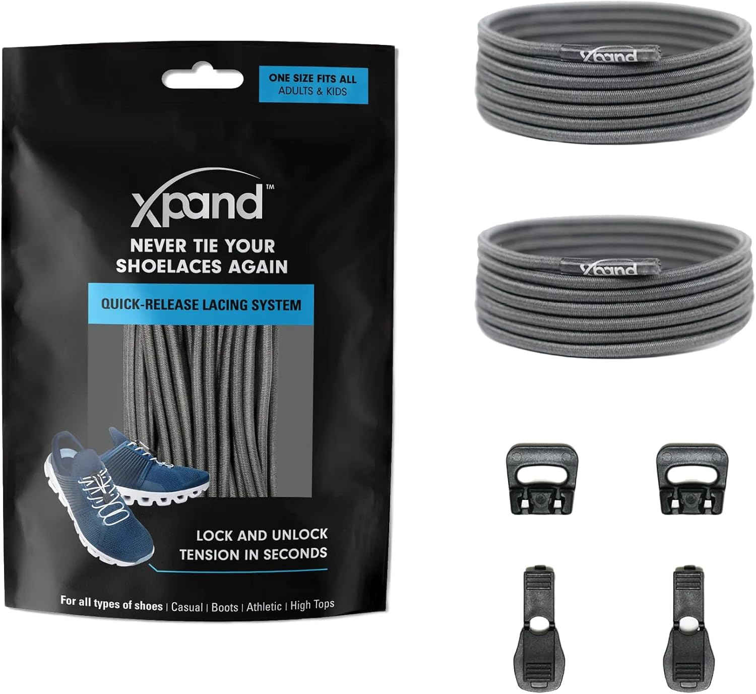 Xpand Quick Release Round-Lacing No Tie Shoelaces System with Elastic Laces - One Size Fits All Adult and Kids Shoes (Gray, 132 Cm) image number 3