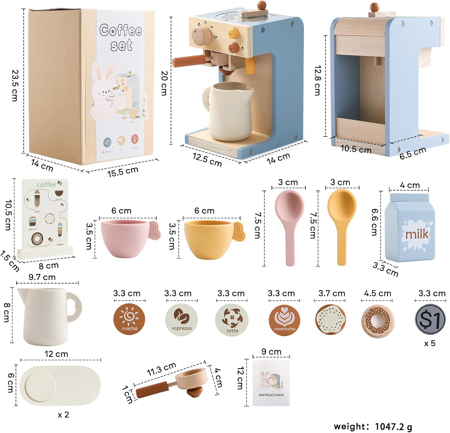 Kids Coffee Maker Playset - Wooden Kitchen Playset Toys - 15PCS Toy Set for Kids Play Kitchen Accessories for Girls & Boys Pretend Play Coffee Maker Toys for Fun image number 6