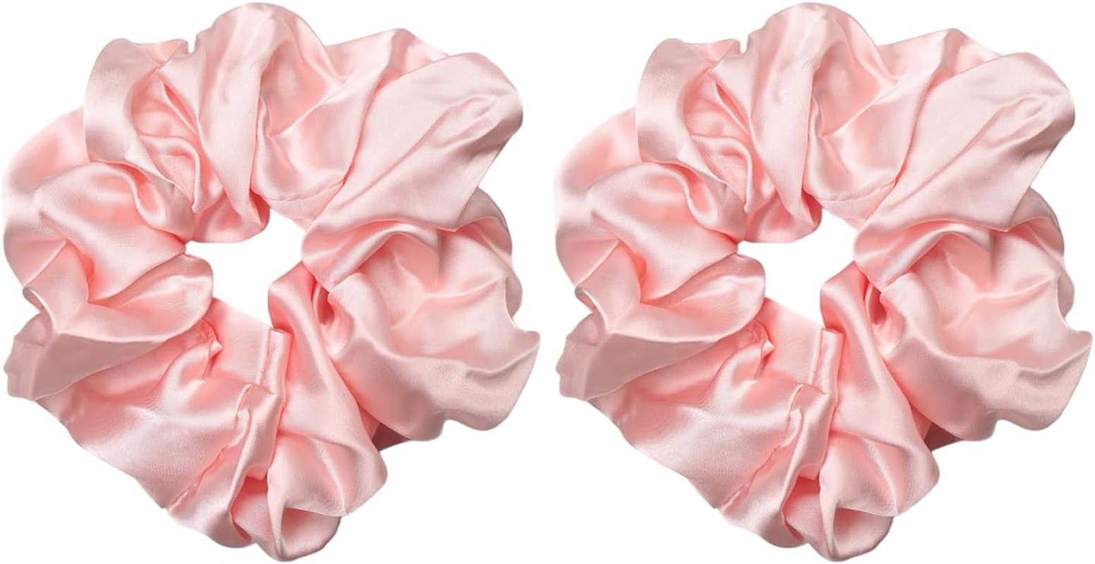 Oversized Satin Scrunchies for Women - 2 Pack Extra Large Hair Ties Accessories, Big Silk-Like Ponytail Holders, No-Damage Elastic Bands for Thick Curly Hair, Light Pink image number 3